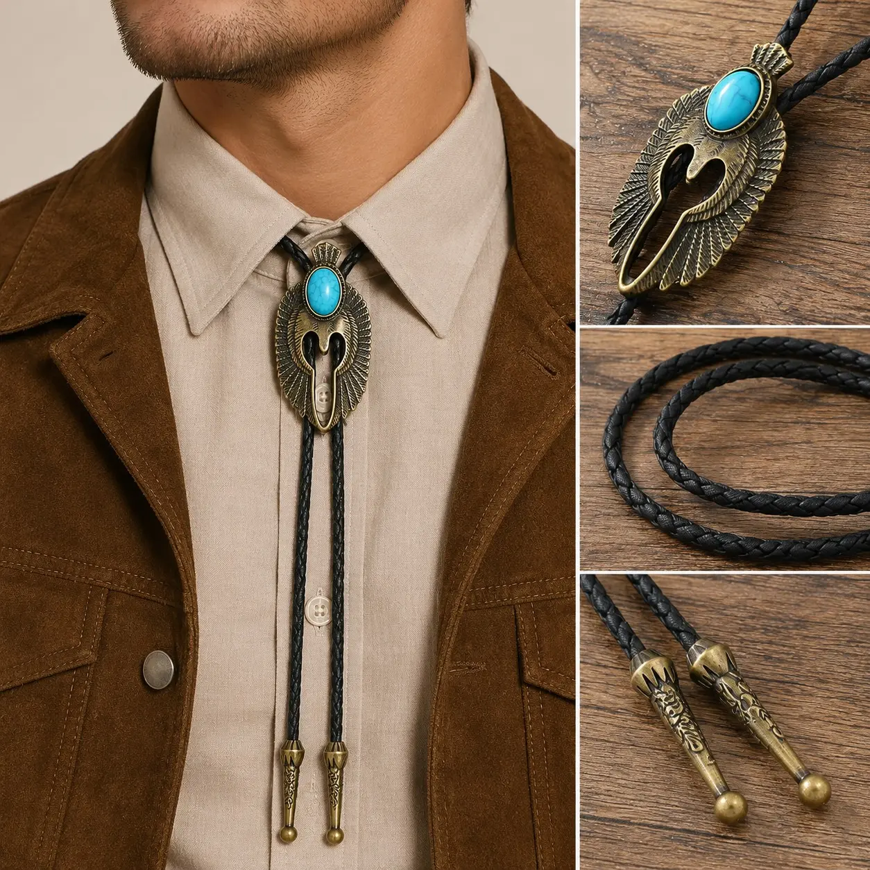 Men's Western Bolo Tie Necklace - Adjustable PU Leather Cord, Vintage Cowboy Pendant with Eagle, Thunderbird, Stone Accent Designs