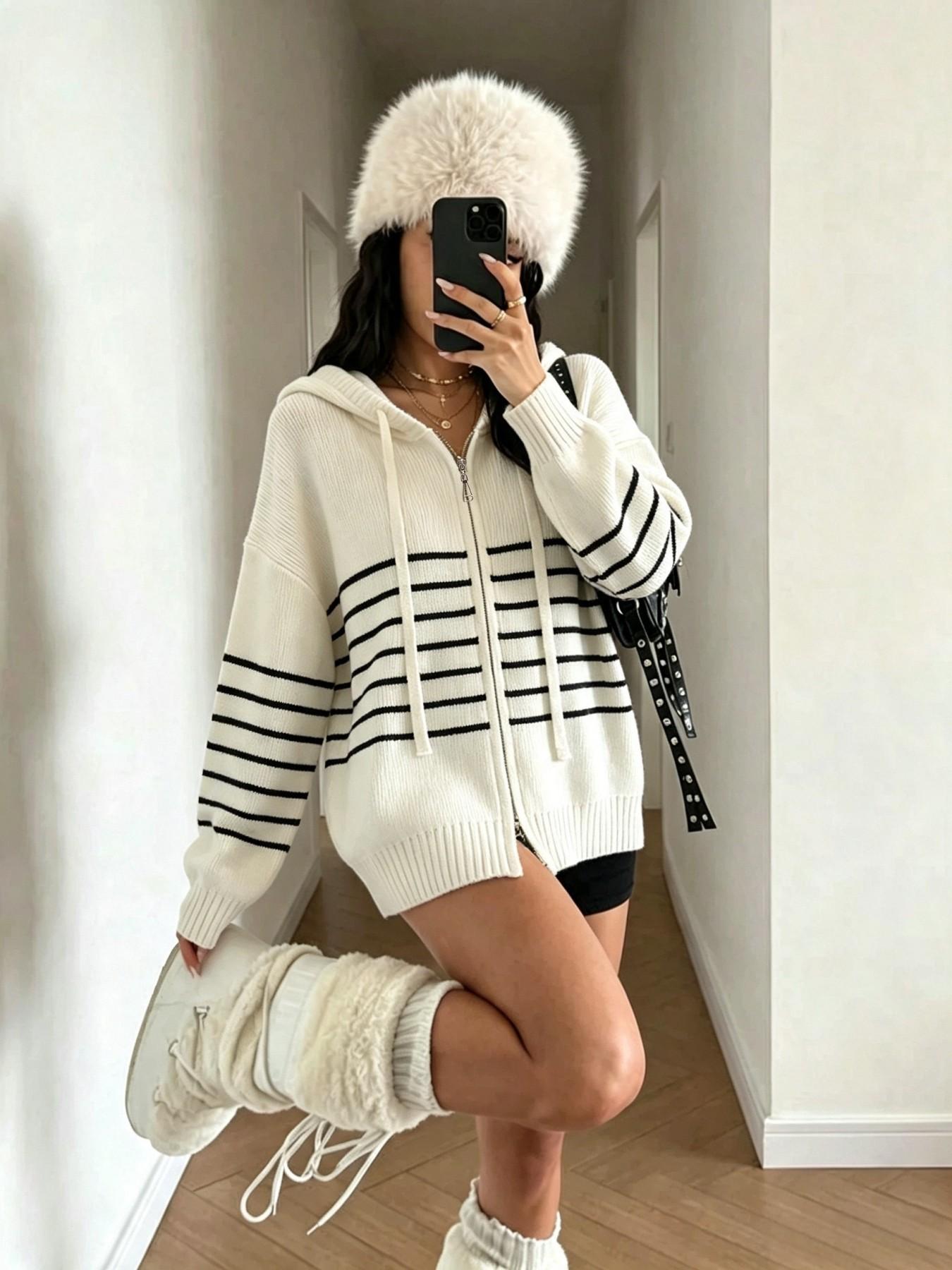 Autumn Winter Color-Block Striped Preppy Style Hooded Casual Loose Sweater Cardigan, Reversible Zipper Design, Women's Fashion Outerwear