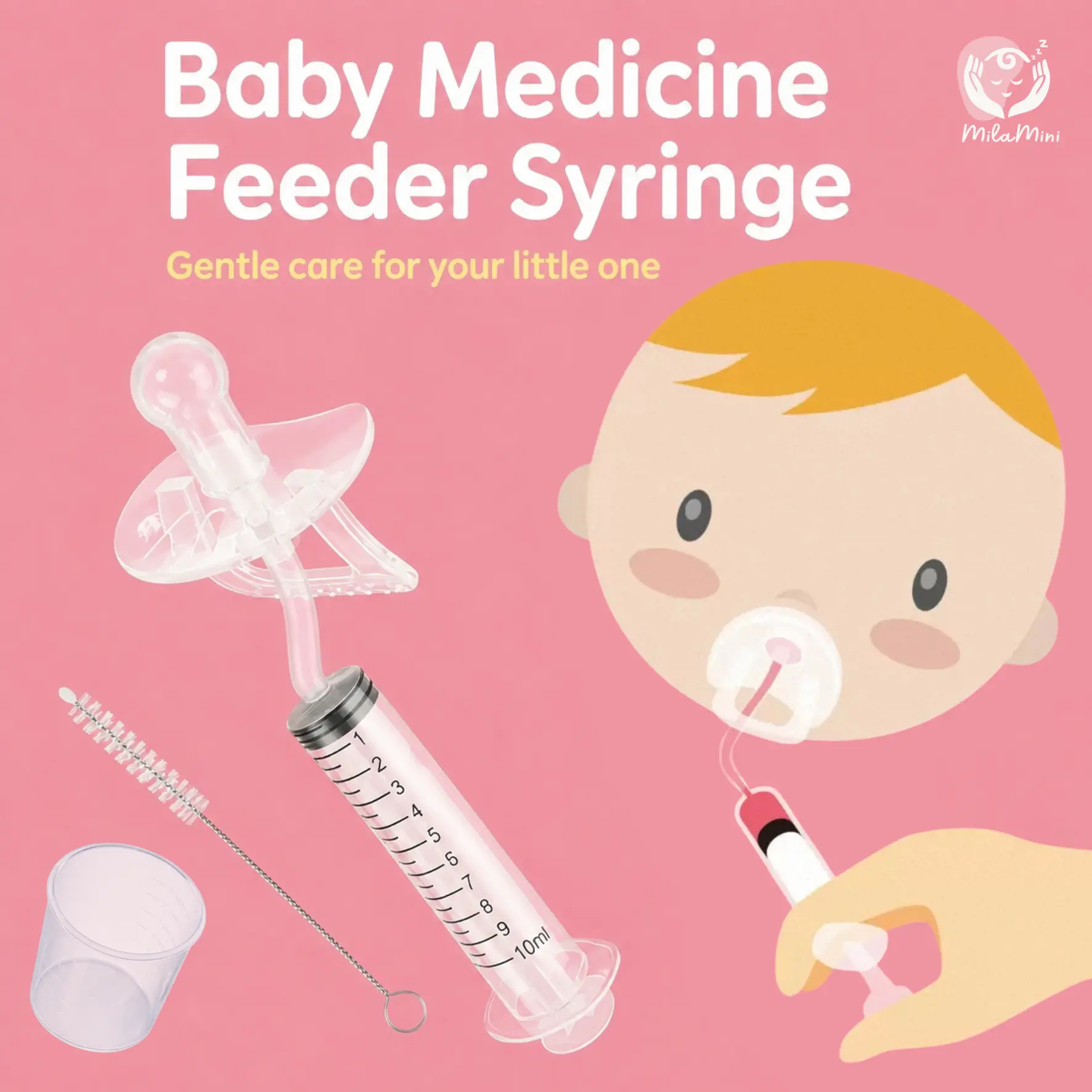 Milamini Baby Medicine Dispenser Kit (4PCS) - Oral Syringe, Pacifier Medicine Feeder, Measuring Cup & Cleaning Brush | Silicone Baby Medicine Dropper for Newborns, Infants & Toddlers