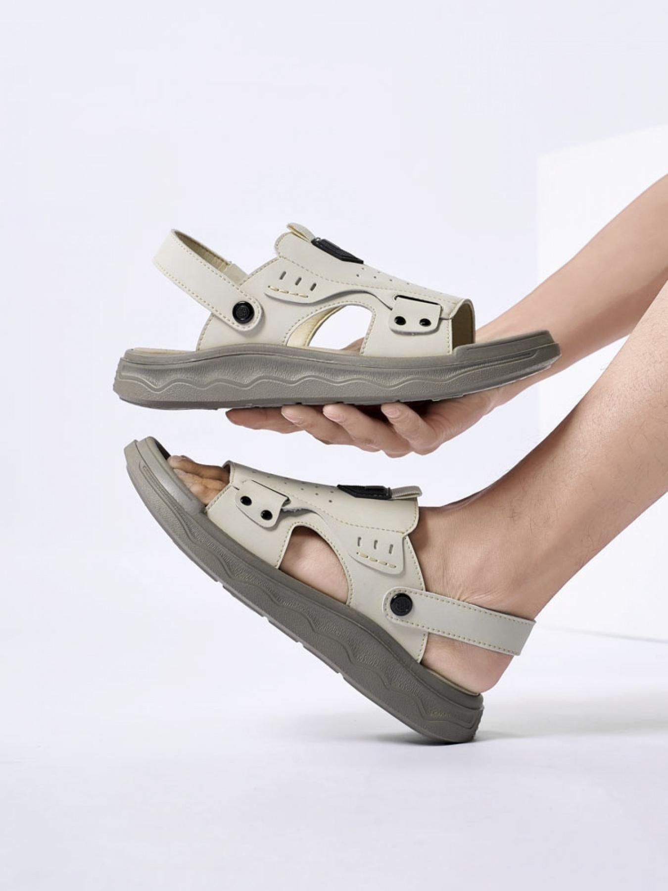 Men's Solid Color Dual-Wear Velcro Closed-Toe Sandals Thick-Soled Breathable Beach Shoes Non-Slip Wear-Resistant Outdoor Water-Resistant Sandals