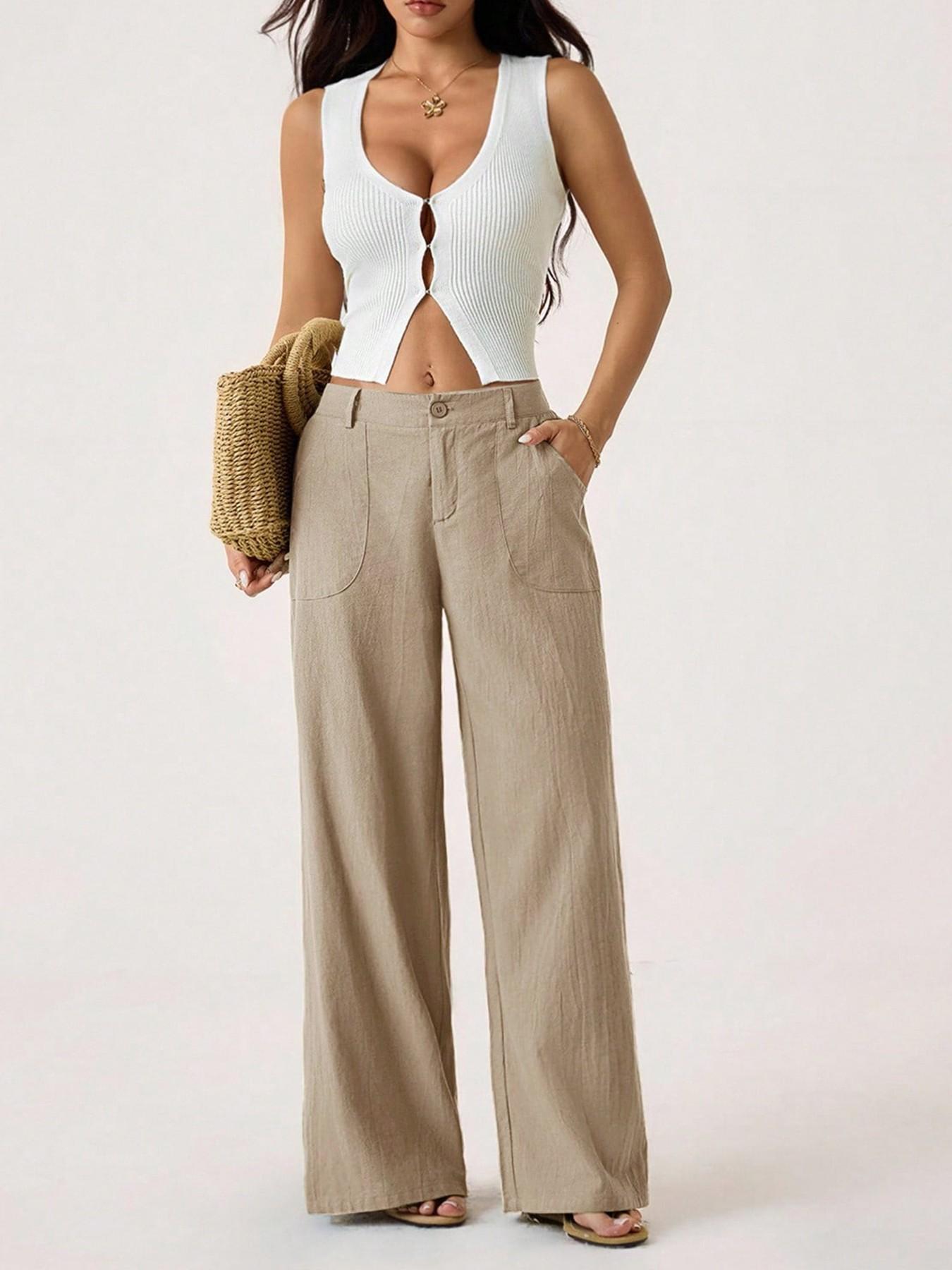 Women's Classical Linen Palazzo Pants Summer Flowy Wide Straight Leg Beach Trousers With Pocket Casual Solid Color Soft Elastic High Waist Lounge Pants Travel Vacation Bottoms Date Brunch Home Work Streetwear Outfit