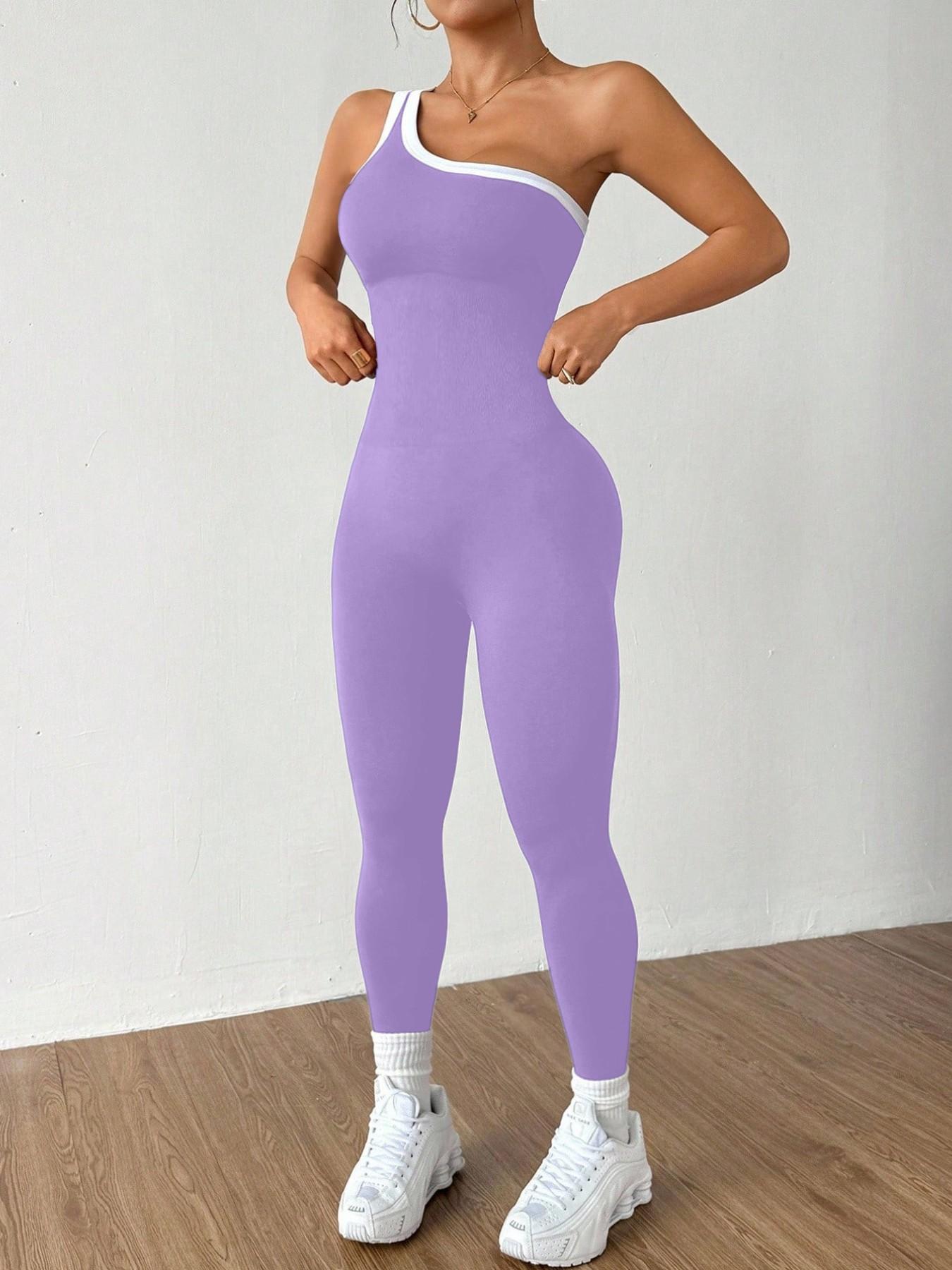 Women's Colorblock Asymmetrical Neck Sleeveless Knit Yoga Jumpsuit, Casual Slim-Fitting Long Sleeve Top for All Seasons