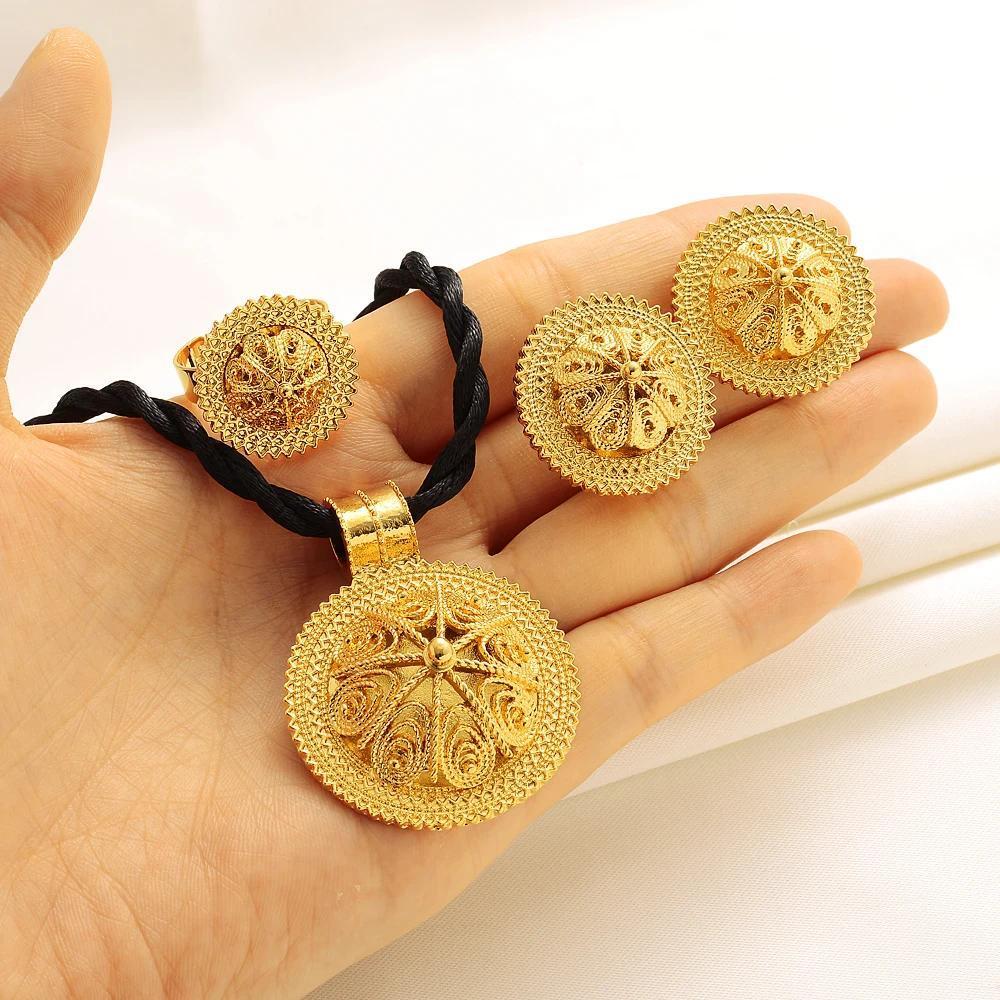 24K Gold Plated Fashion Ethiopian Earrings/Pendant/Ring Jewelry Sets Gold Plate Africa Bride Wedding Eritrea Set Gift