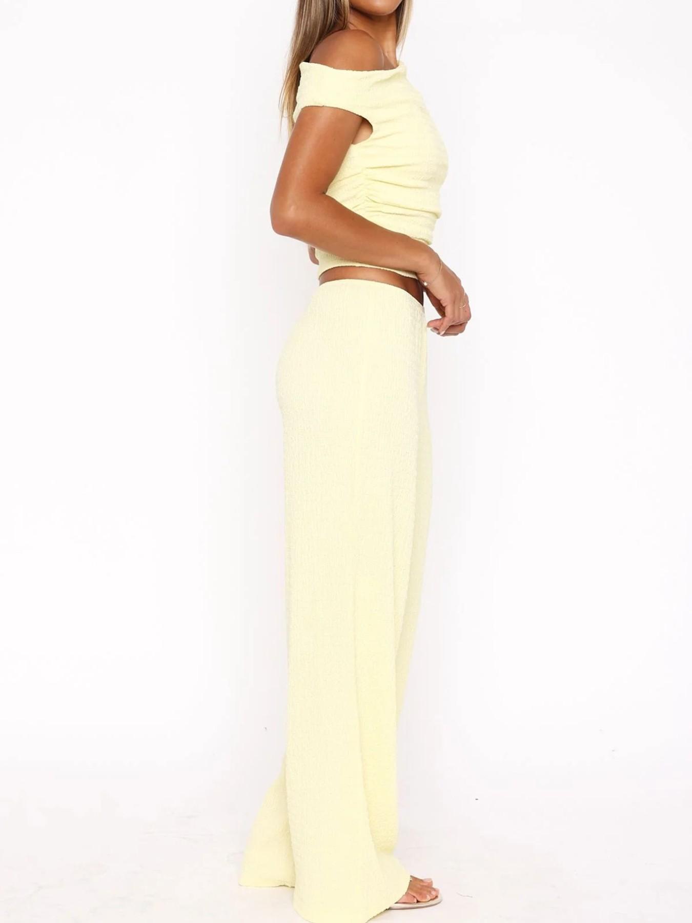 Women's High-Waisted Loose-Fitting Two-Piece Set, Casual Plain Design, Regular Fit Long Pants & Top Combo, Daily Wear