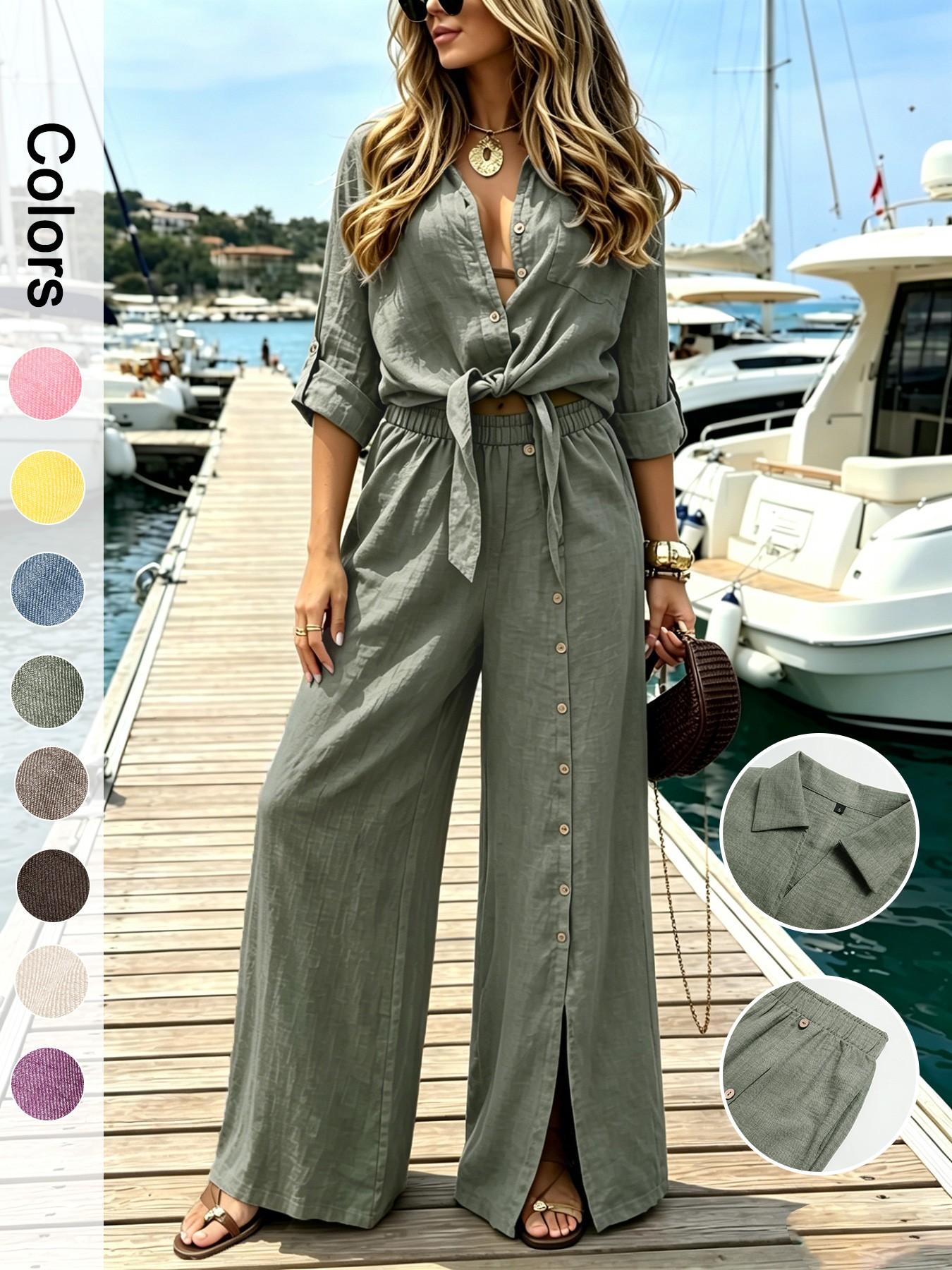 Women's Two-Piece Vacation Style Shirt and Pants Set, Knot Top with Button Decoration, Wide-Leg Pants, Casual Womenswear, Fit