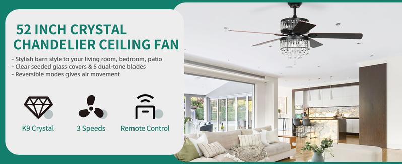 Yitahome Chandelier Ceiling Fan with Remote, 52 Inch Fandelier Fan Light, Indoor Fan Ceiling with 3 Speed, Silent Reversible Motor, Dual-Sided 5 Blades, Timer, Balance Kit - Black