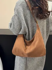 Vintage Suede Tote Bag, Large Capacity Commuter Shoulder Bag, Melange Style, Vintage Worn Look Crossbody Bag, Lazy Wind Tote Bag, Casual Shoulder Bag