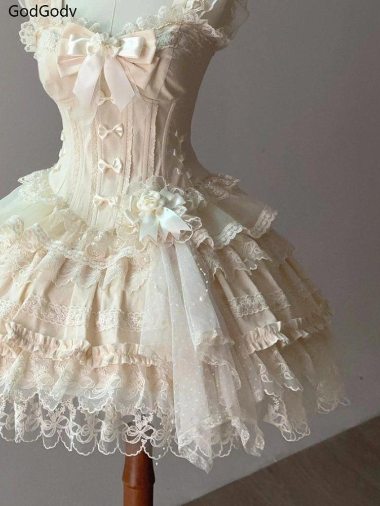 Japanese Sweet Princess Lolita Elegant Woman Party Dress   Chic Bow Fairy Vintage Dress Slim Flower Lace Retro Outfits Summer