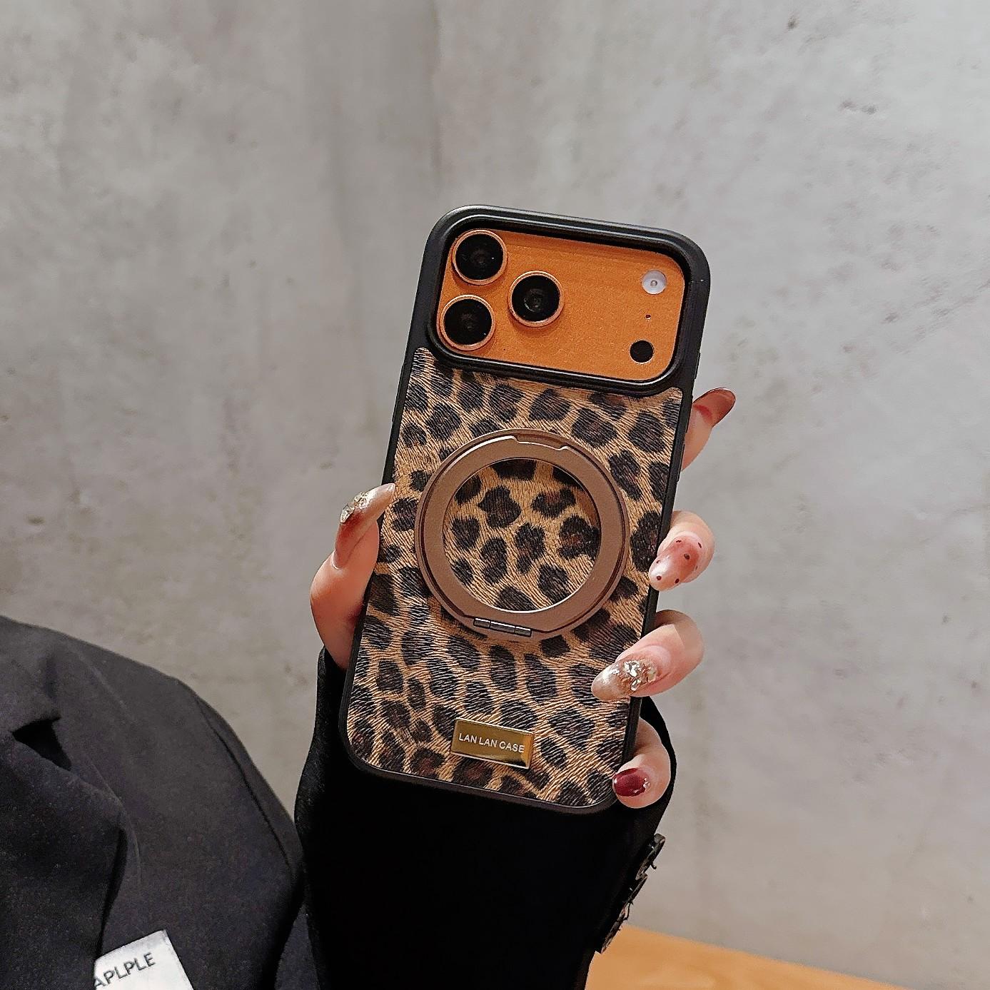 Women's Leopard Pattern 360 Rotating Magnetic Stand Apple Case, New Trendy iPhone Shell, Compatible with iPhone 17/16/15/14 Series