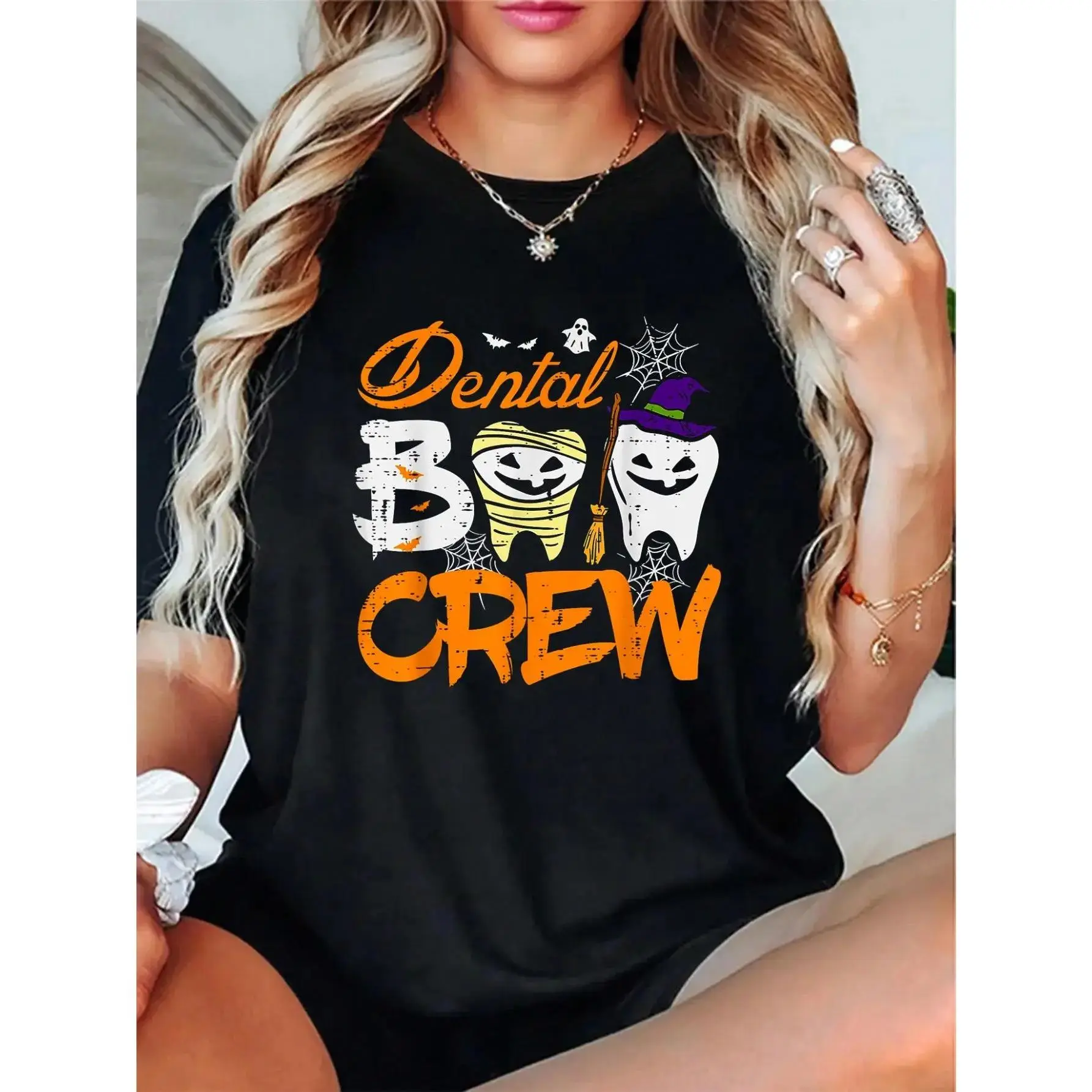 Women's  Cotton Short-Sleeve T-Shirt - Casual Breathable Everyday Fit Top with Unisex Halloween Dental Boo Crew Dentist Teeth, Maple Leaf Pattern for Halloween, Thanksgiving, Shortsleeve, Cute, Vibe, Fabric, Print, Soft, Style, Tshirt, High Def Print,