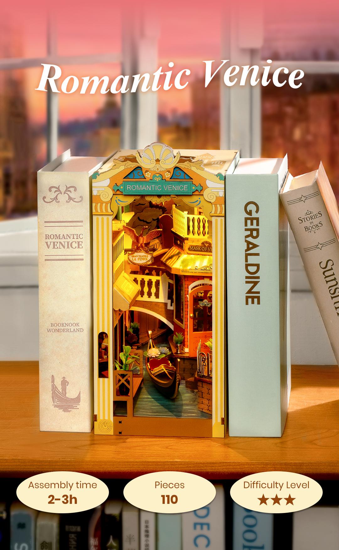 Rolife Romantic Venice DIY Book Nook Shelf Insert Kit TGB08 Book Nook Kit with Dustproof Sheet DIY Miniature House with LED Booknook Bookshelf Insert Decor 3D Wooden Bookend Model Craft Hobby Gift for Teens and Adults