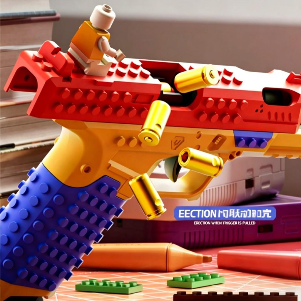 Sig17 Style DIY Block Blaster, Shell Ejecting Soft Dart Toy, Manual Cycle Action, Stem Science Educational Model Toy for Kids