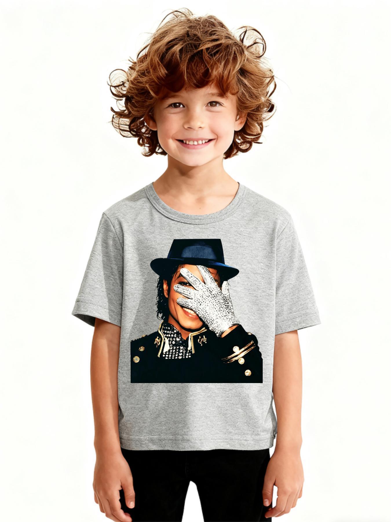 Kids Michael Jackson Classic Glove Portrait Graphic Tee Little Boy Shirts Original King of Pop Vintage Stage Print Cotton Compression Shirt Workout Tops Cool Outdoor Stuff Boys Girls Pop Legend Casual Summer Boy Gifts Back To School Clothes Shirts For Gir