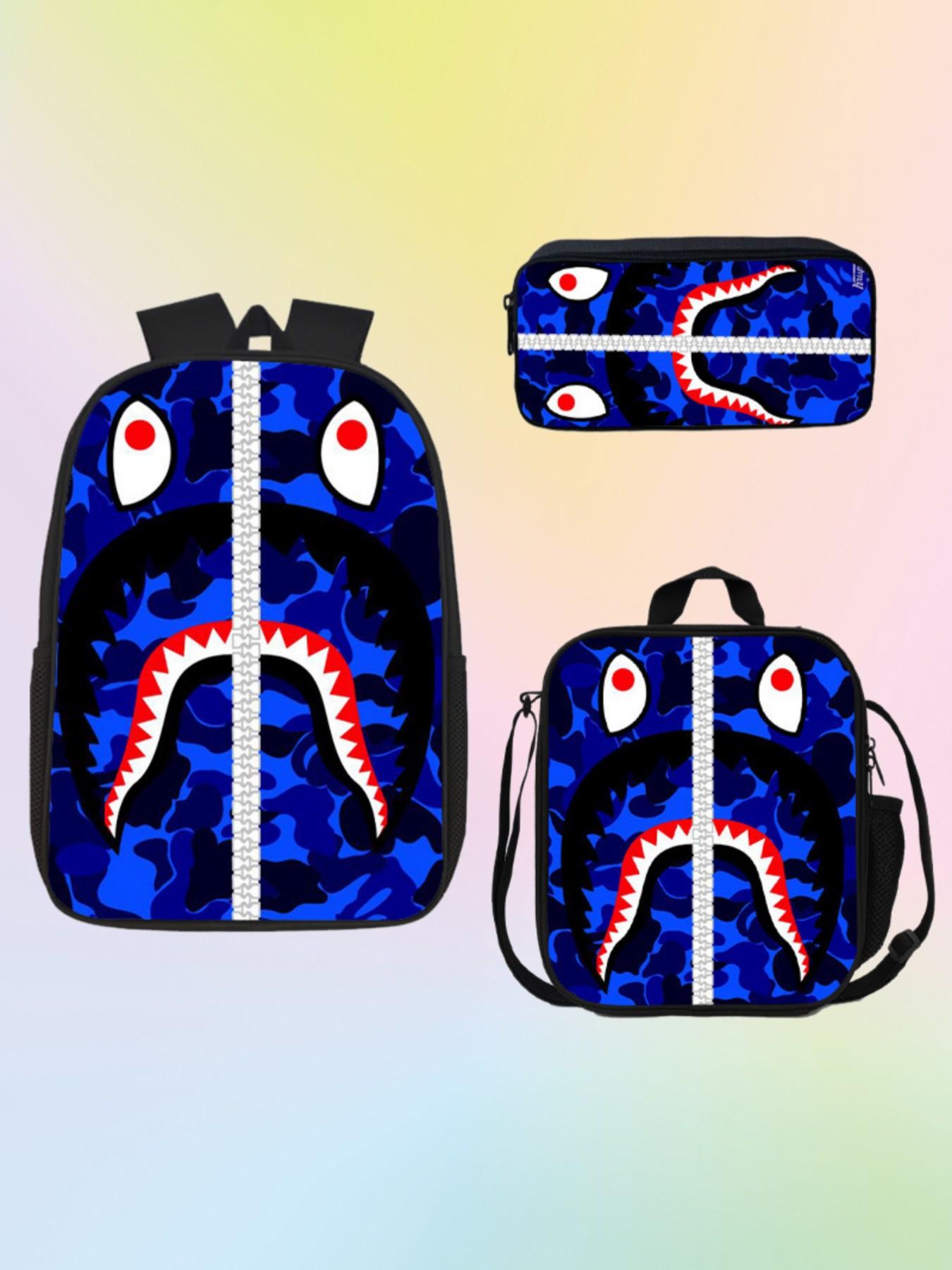 Shark Mouth Backpack Set, Camouflage Student School Bag, Large Capacity Campus Backpack for Boys and Girls, 3-Piece Set