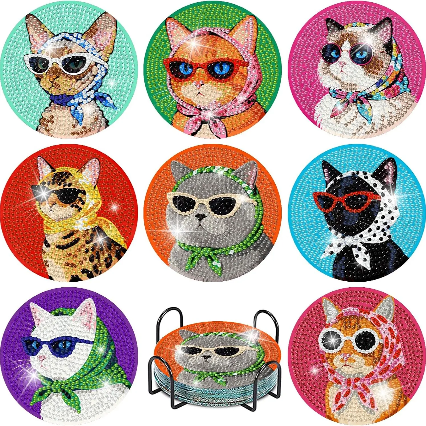 8 Piece Cat Diamond Painting Coaster Set with Stand, DIY Round Drill Gem Beverage Coasters, Adult Art Supplies, Home Decor, Crafts