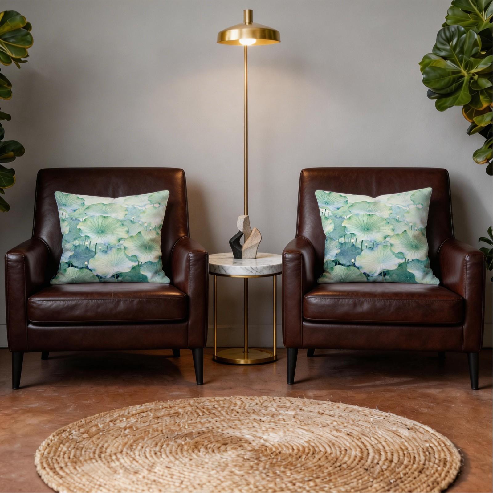 1 Piece Watercolor Lotus Leaf Throw Pillow, Green Lotus HD Digital Print Decorative Accent Pillow, Soft Cushion with Invisible Zipper for Couch Bed Sofa, 18x18 Inch (No Insert)