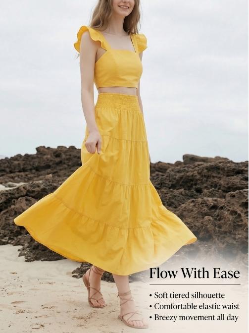 Women's Solid-Color or Floral-Print Shirred Sleeveless Top & Long Skirt Two-Piece Set, Bohemian Boho Fashion Casual Top & Skirt for Daily Holiday Beach Vacation Wear, Ideal for Summer, Womenswear Women's Solid-Color or Floral-Print Shirred Sleeveless Top & Long Skirt Two-Piece Set, Bohemian Boho Fashion Casual Top & Skirt for Daily Holiday Beach Vacation Wear, Ideal for Summer, Womenswear