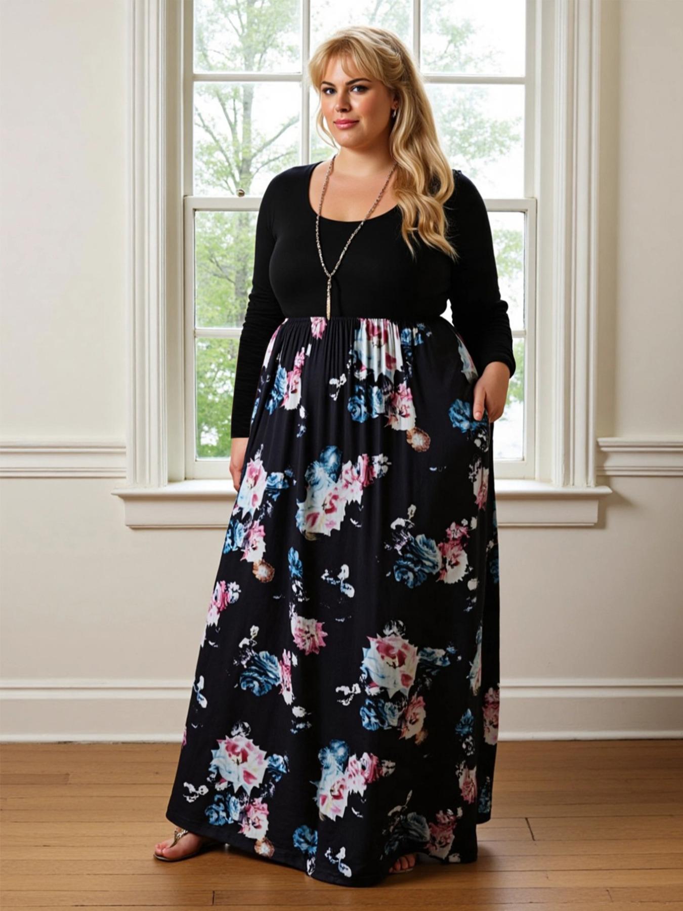 Women's Round Neck Stretchy Casual Fitted Long Plus Size Dress, Perfect for Bridesmaids, Vintage Style Wedding & Party Wear, Comfortable Fabric