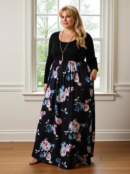 Women's Round Neck Stretchy Casual Long Plus Size Dress, Perfect for Bridesmaids, Vintage Style Wedding & Party Wear, Comfortable Fabric