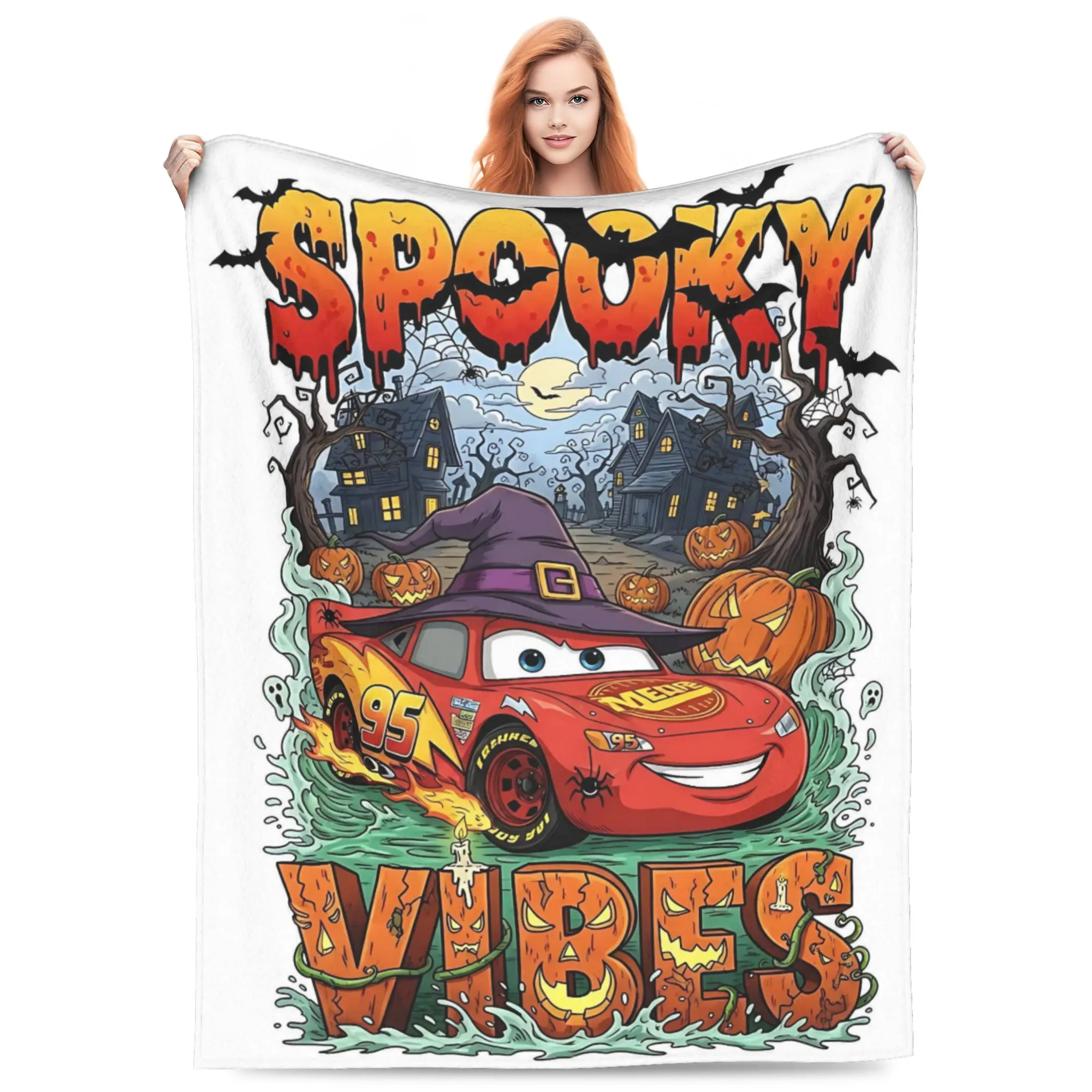 Disney Classic [2026 New] Cars Lightning McQueen Spooky Vibes Flannel Throw Blanket, McQueen Witch Hat Haunted House Pumpkin Bat Ghost Full‑Moon Spooky Halloween Print Soft Cozy Blanket for Sofa Bed Kids Holiday Fans Gift