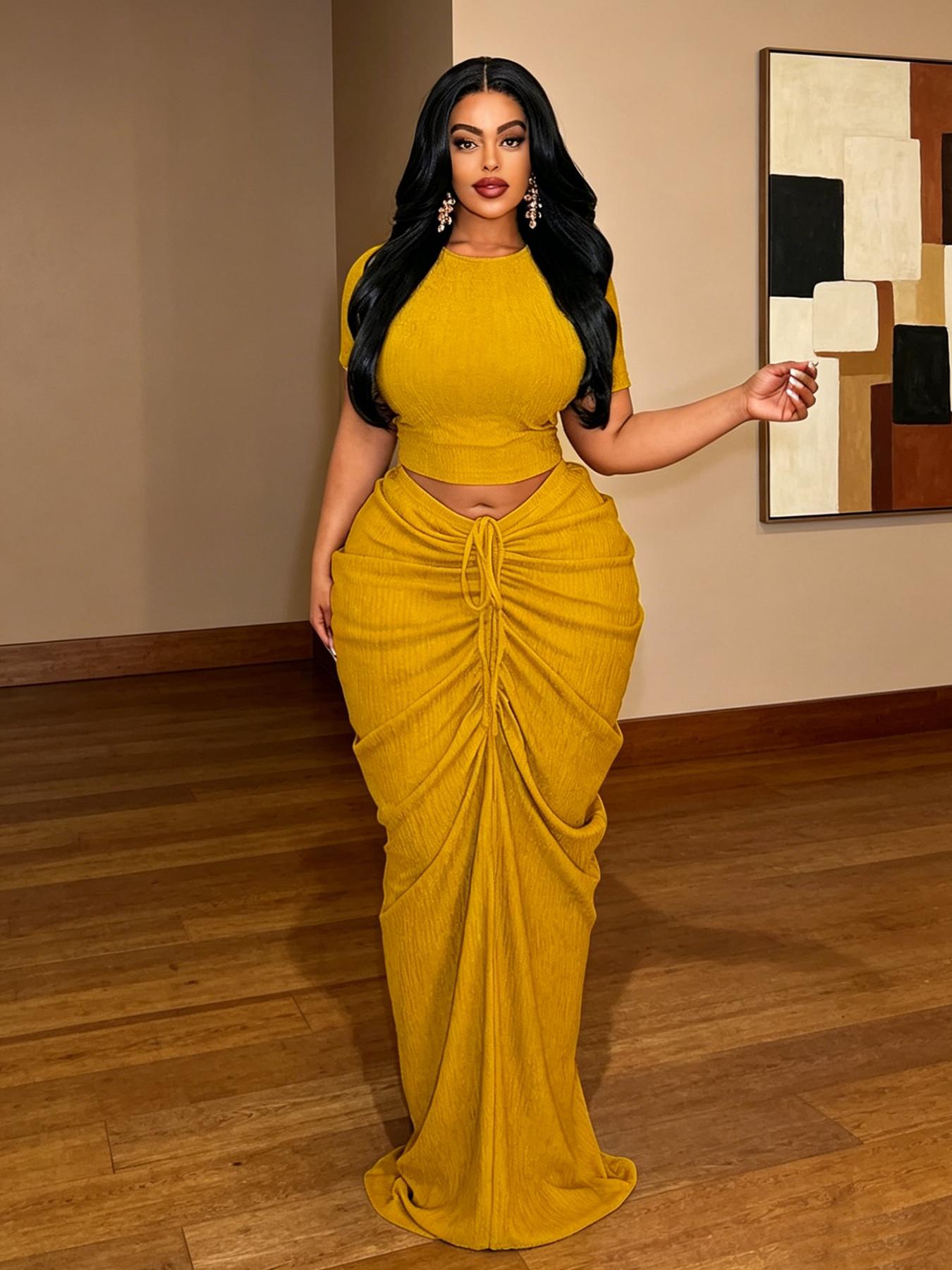 Plus Size Two-Piece Women's Set, Ribbed Short Top & Drawstring Pleated Skirt, Sexy Slim Fit Evening Party Dress, Curvy Friendly Fashion Plus Size Two-Piece Women's Set, Ribbed Short Top & Drawstring Pleated Skirt, Sexy Slim Fit Evening Party Dress, Curvy Friendly Fashion