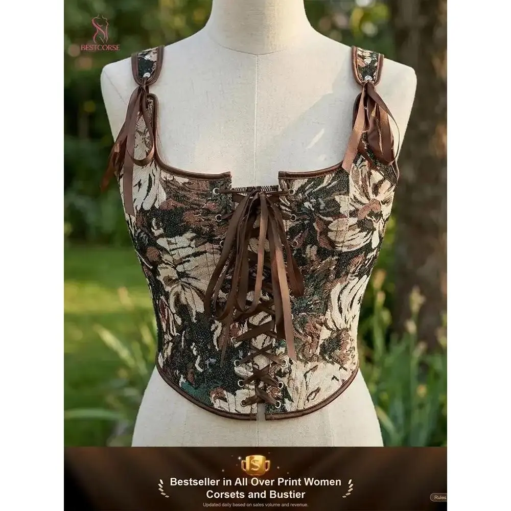 Cottagecore Bodice Vintage Victorian Floral Renaissance Overbust Brown Corset Top Front Tie Lace Up Retro Bustier Vest For Women Dress Festival Outfit
