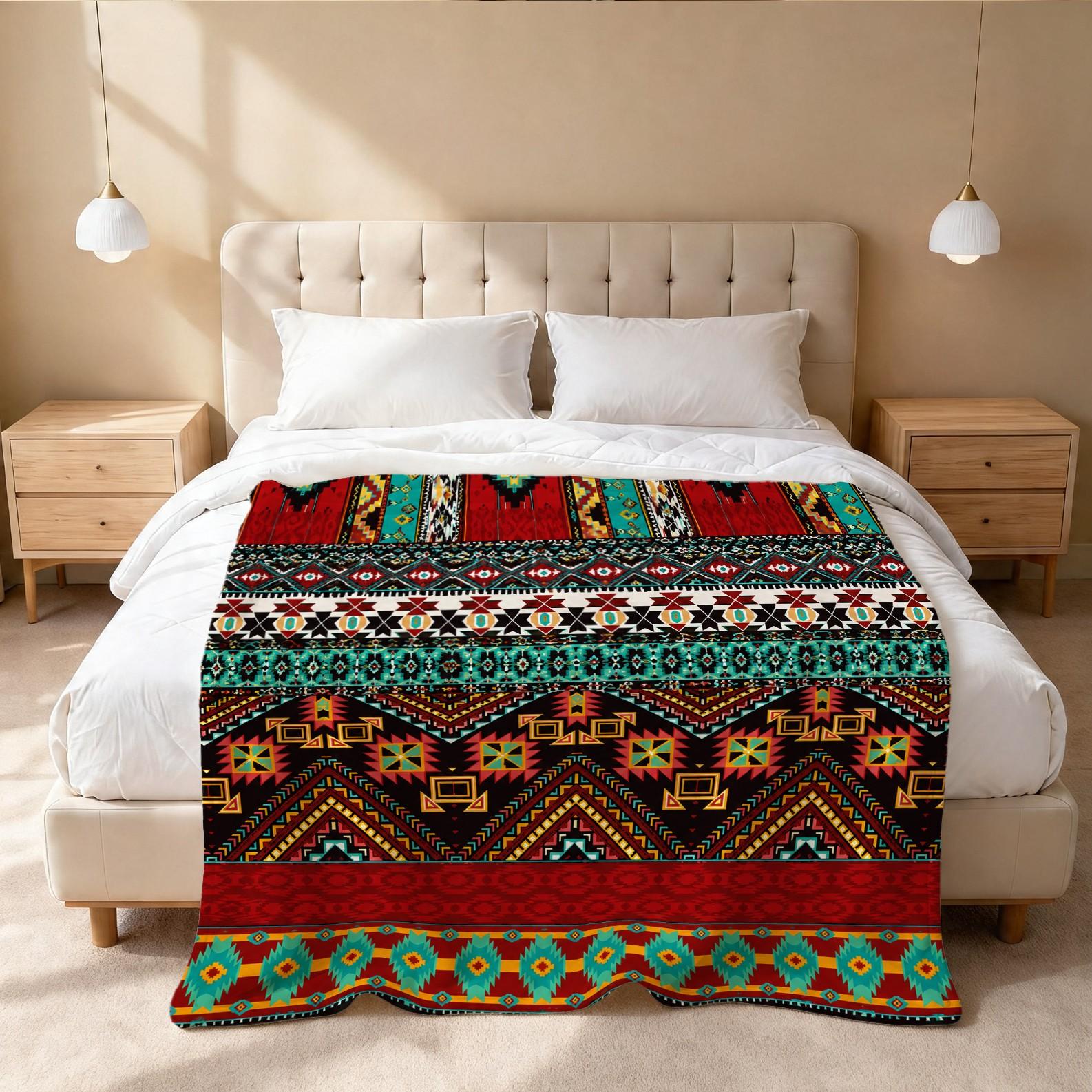 Bohemian Style Flannel Blanket, Single-Side HD Print, Tribal Geometric Style, Soft and Lightweight, Multi-Purpose for Napping, Camping, Picnic and Home Decor, Suitable for Teens and Adults