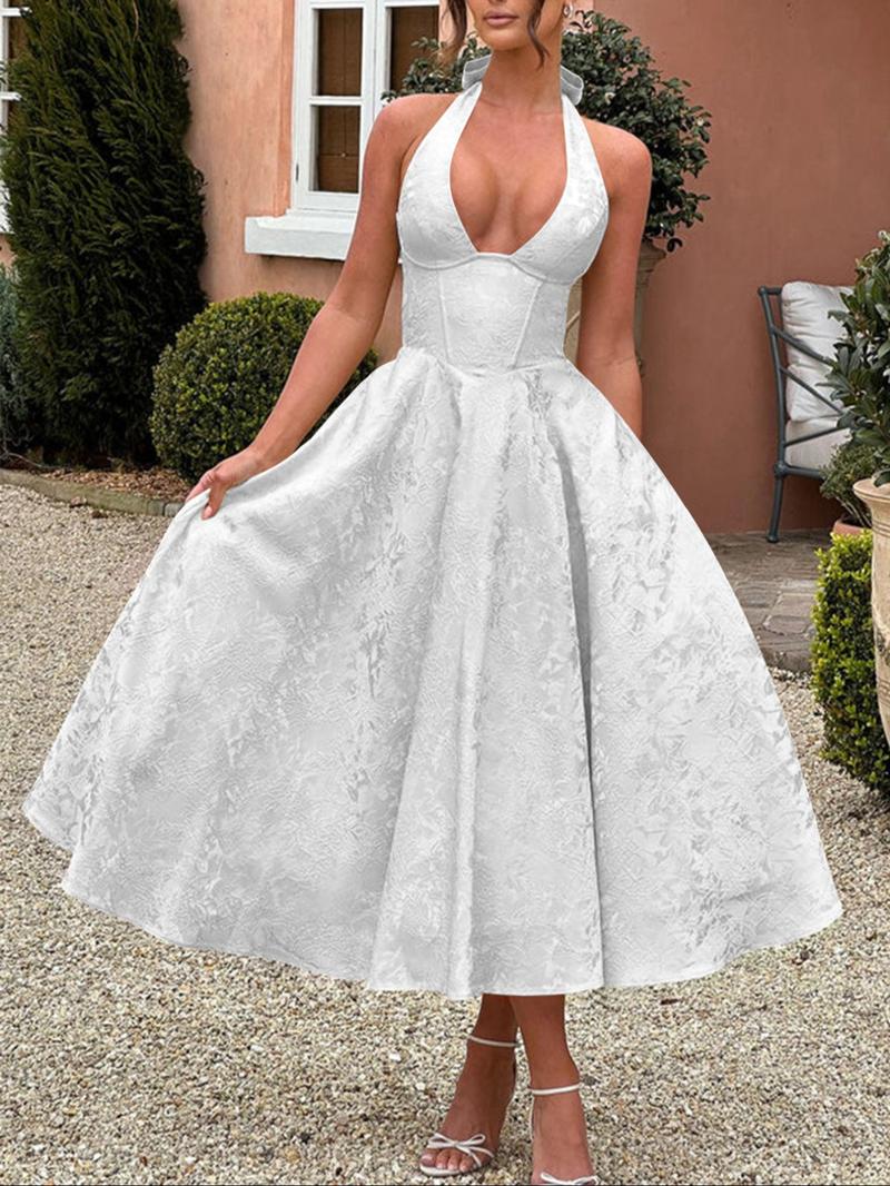 Fashion Elegant Halter Lace-Up Embroidered Waist V-Neck Sleeveless Dress, Long Plain Party Gown, Fitted Style for Women