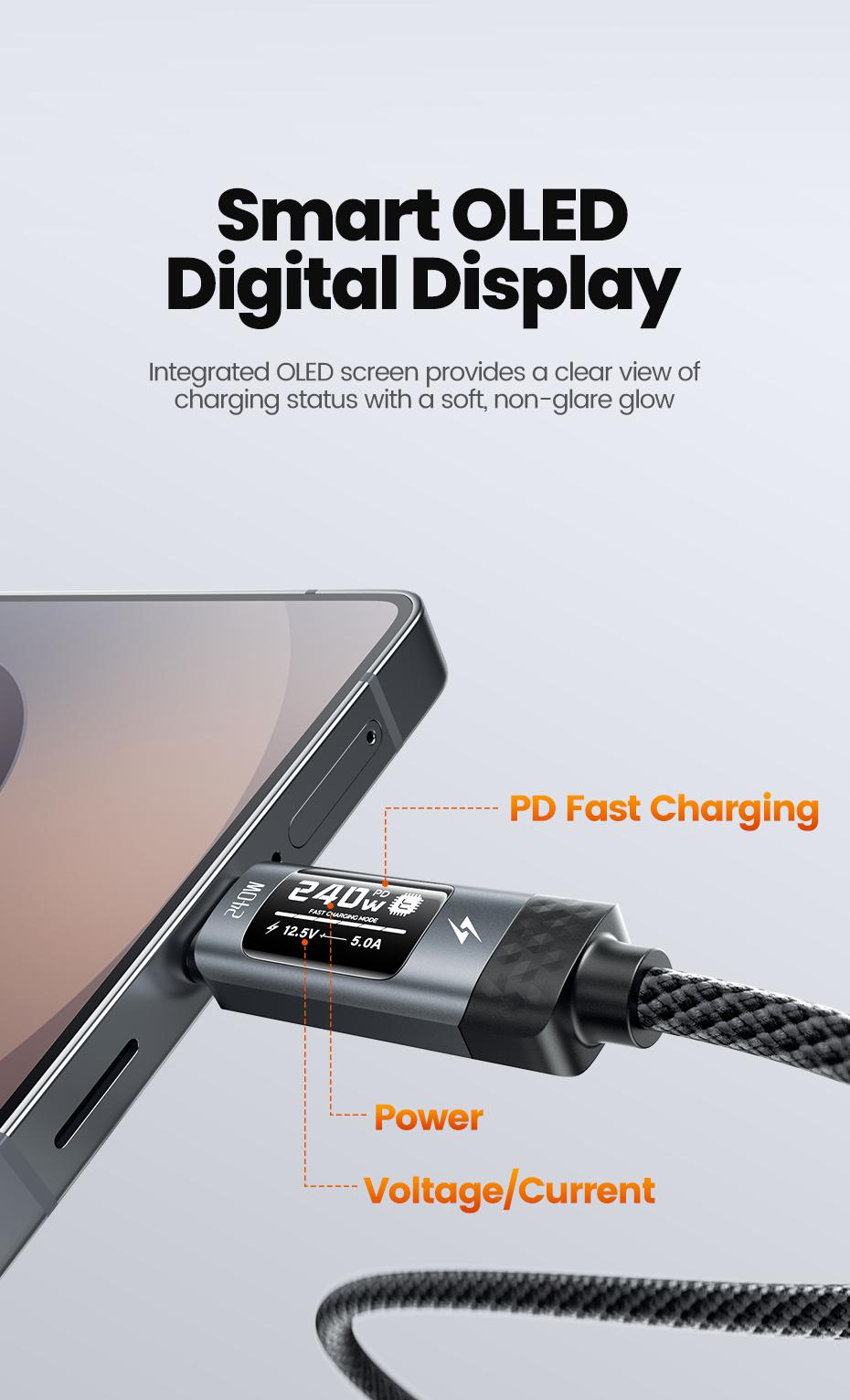 Toocki 240W  Super Fast Charging USB C To USB C Cable Smart OLED Digital Display Type C Cable PD 3.1 SFC 2.0 Fast Charge For iPhone 17 16 15 Pro MAX Macbook Airpods Samsung S24 Xiaomi