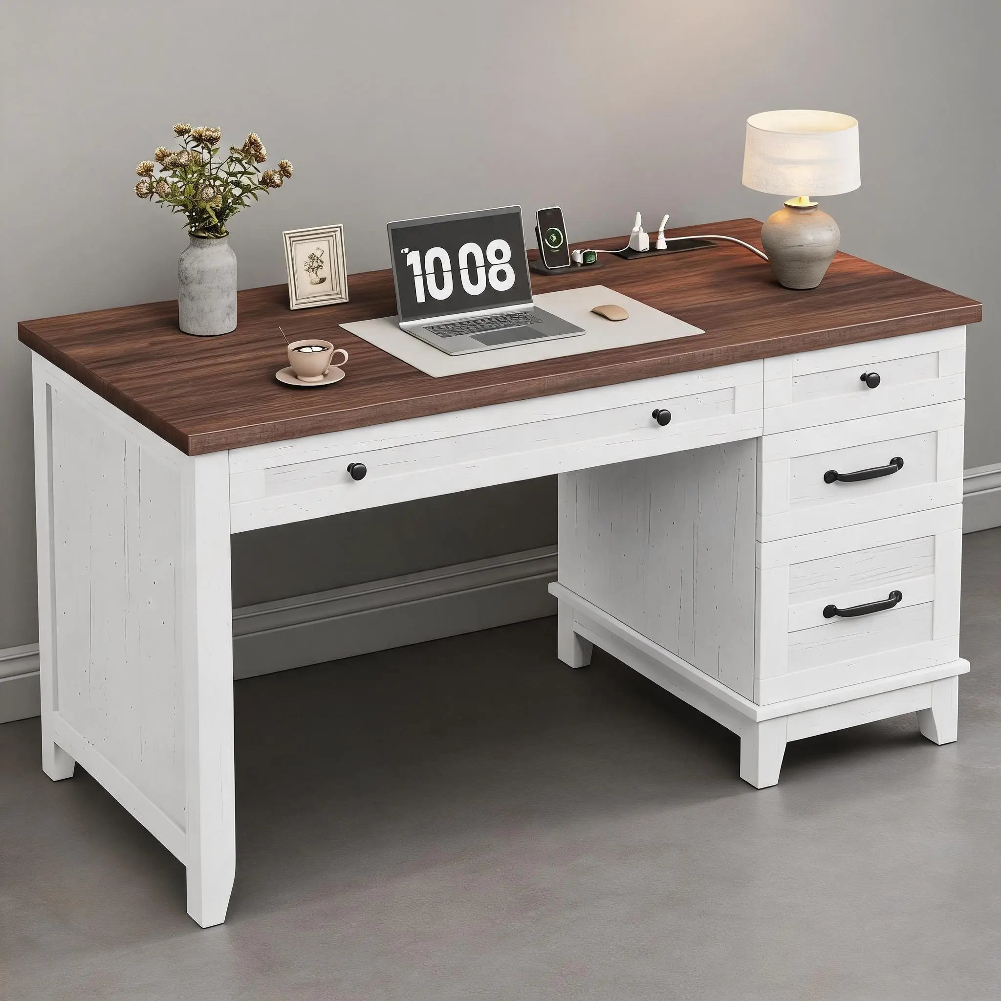 53.5" Executive Desk with Drawers, Home Office Desk with Charging Station, Farmhouse Computer Desk with Drawers and Cabinet, Workspace for Work Study Writing