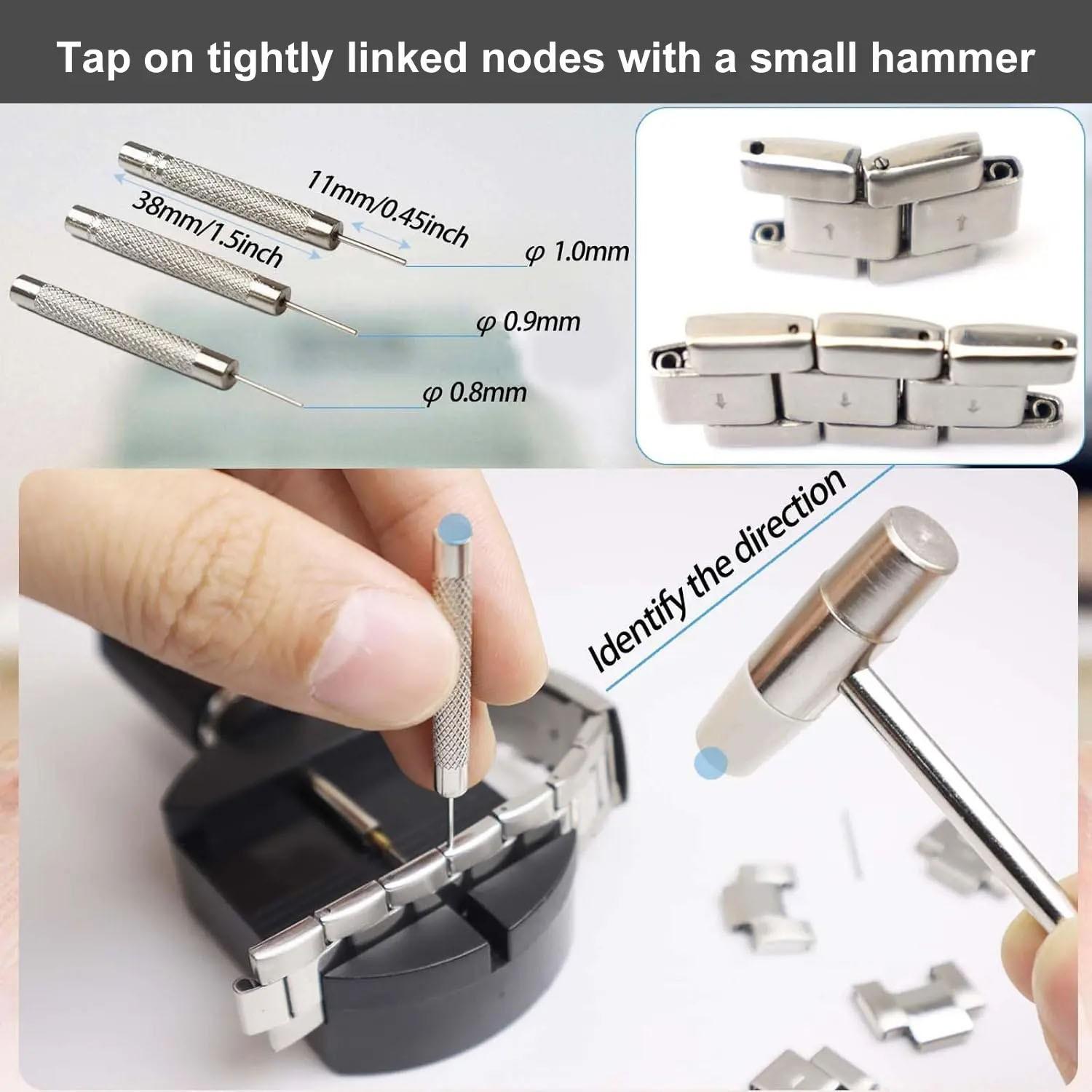 Watch Link Removal Tool Set, Bracelet Adjustment Tools, Band Size Adjuster, Watch Repair Hammer, Strap Adjuster, Watch Repair Toolkit, User Manual Included