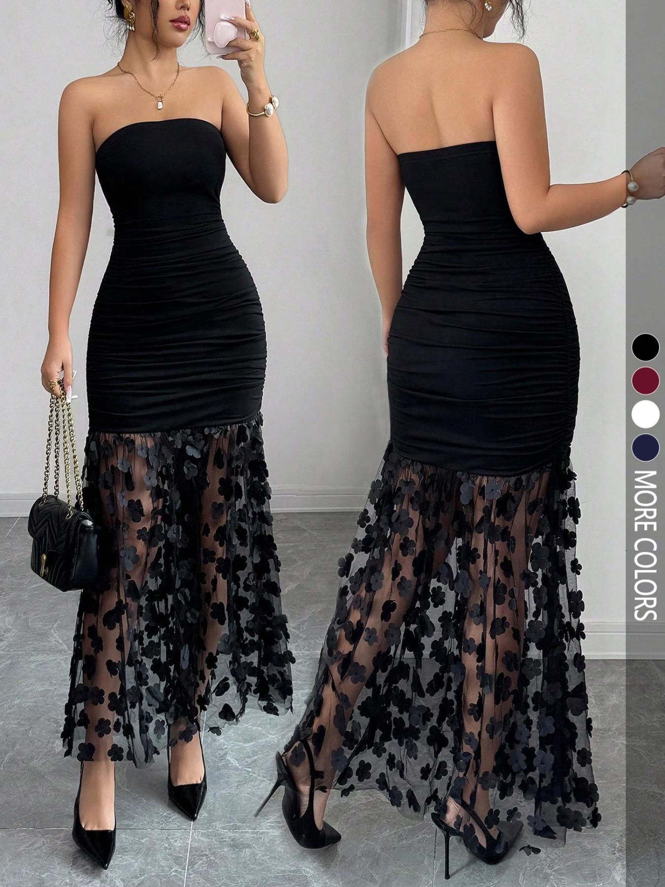 Strapless Solid Color Floral Sheer Slimming Evening Party Wear Gown, Sexy Sheer Mesh Hem Bodycon Dress for Women