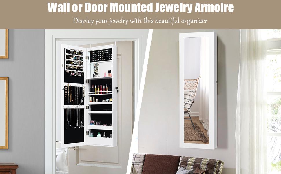 Karlhome Jewelry Cabinet Armoire, Lockable Wall-Mounted Organizer Unit with 2 Plastic Cosmetic Storage Trays, Full-Length Frameless Mirror, Christmas Gifts, White