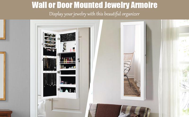 Karlhome Jewelry Cabinet Armoire, Lockable Wall-Mounted Organizer Unit with 2 Plastic Cosmetic Storage Trays, Full-Length Frameless Mirror, Christmas Gifts, White