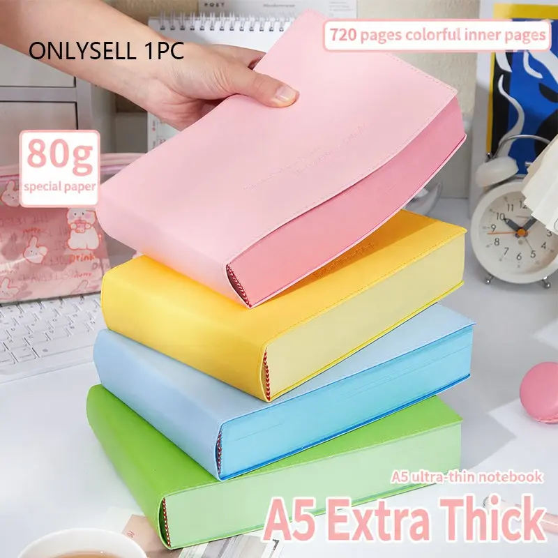 A5 Ultra-Thick Dopamine Style Notebook, 4.5cm Thick, 720 Pages, Soft PU Cover, Colorful Inner Pages, Ribbon Bookmark, Ideal for Journals, Aesthetic School Supplies
