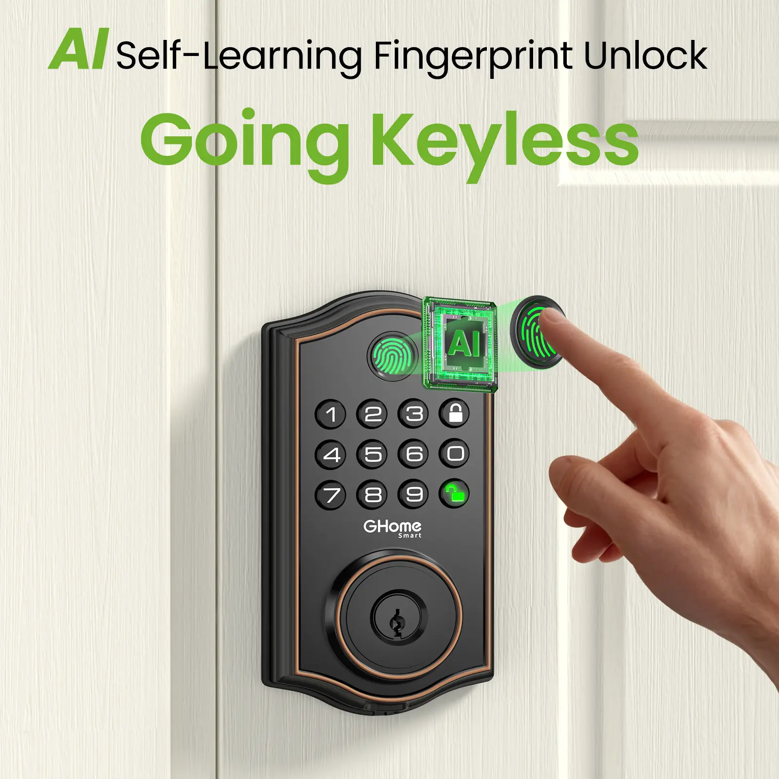 GHome Smart Keyless Entry Fingerprint Deadbolt - Digital Lock for Front Door, Electronic Keyless Option with App Control, Auto Lock, Waterproof, Black, 6-Month Battery Life, Easy Installation, Electronic Door Lock