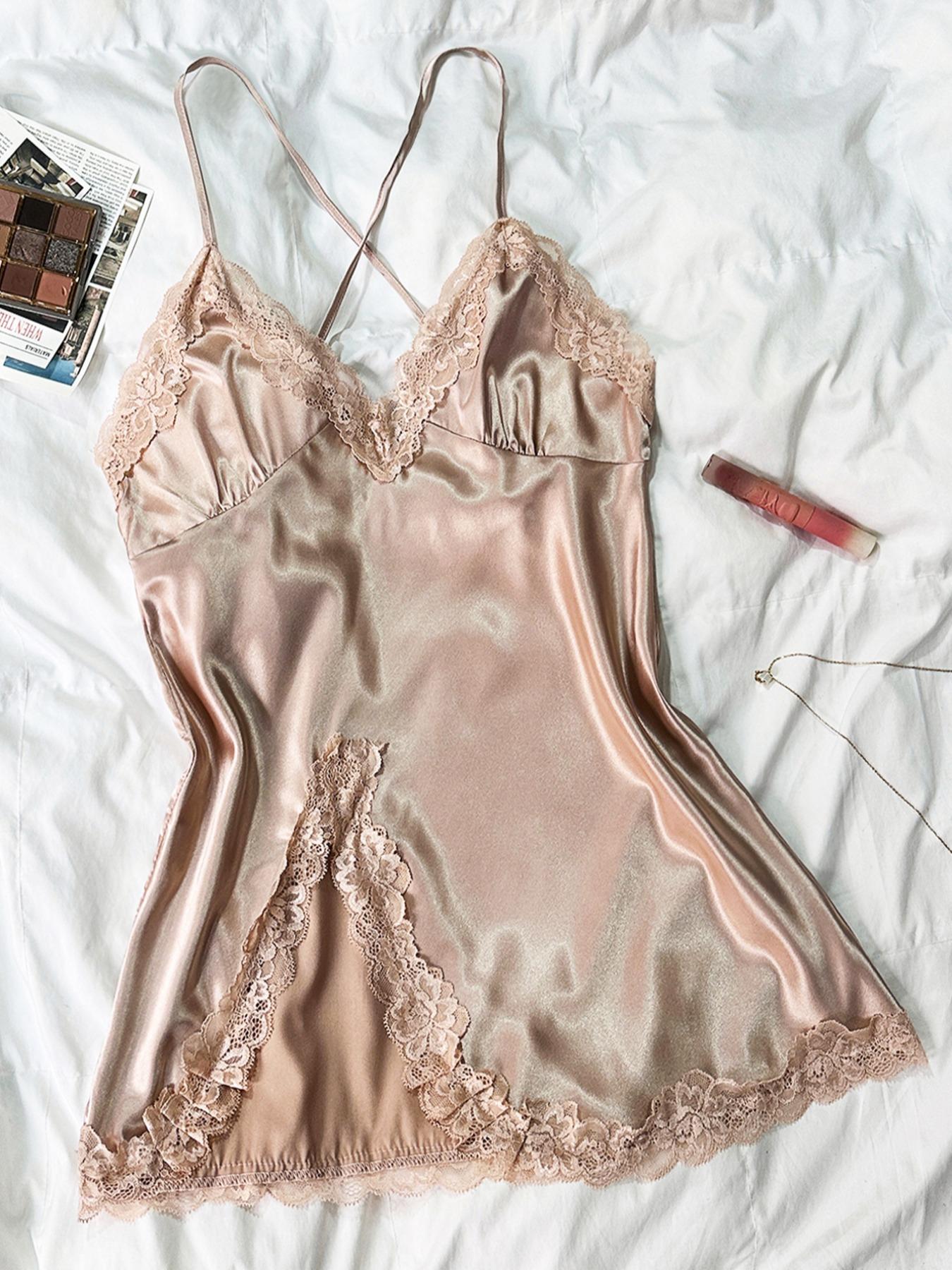 Women's Contrast Lace Split Thigh Satin Cami Nightdress, Bride's Nightgown, Elegant Criss Cross Backless Nightgown, Women's Summer Sleepwear, Summer Outfits 2024, National Day Offers