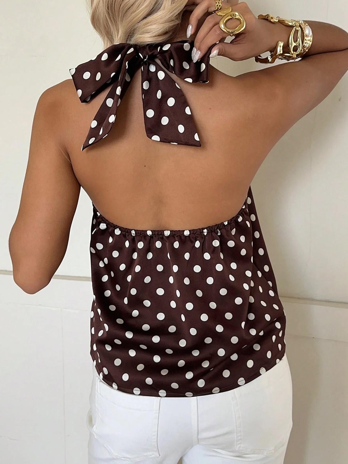 Women's Polka Dot Print Halter Top, Tie Back Closure, Twist Neck Detail, Multiple Color Options, Smooth Breathable Fabric, Casual Daily & Date Night Wear, Retro French Style