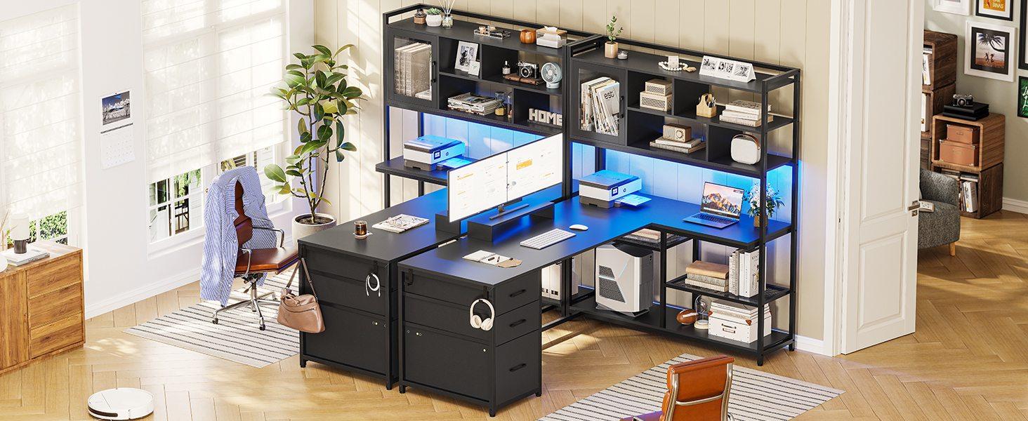 SEDETA L-Shape 58-Inch Desk with Drawers and with Storage Shelves and LED Lights for Home Office and Gaming, Furniture Ergonomic Tables Cabinets