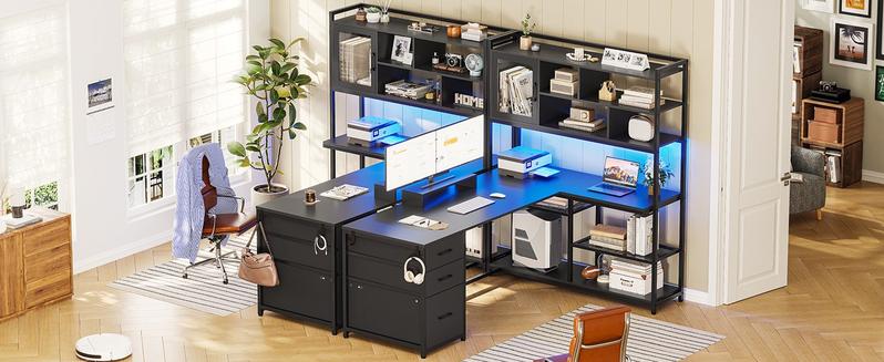 SEDETA L-Shape 58-Inch Desk with Drawers and with Storage Shelves and LED Lights for Home Office and Gaming, Furniture Ergonomic Tables Cabinets