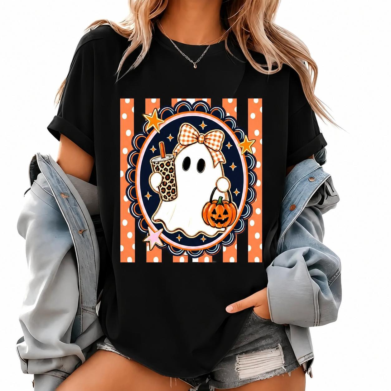 [100% Cotton]Coffee Ghost Tee Halloween Coffee Lover Tee Spooky Graphic Tee Ghost Shirt Fall Shirt Cute Halloween Tee