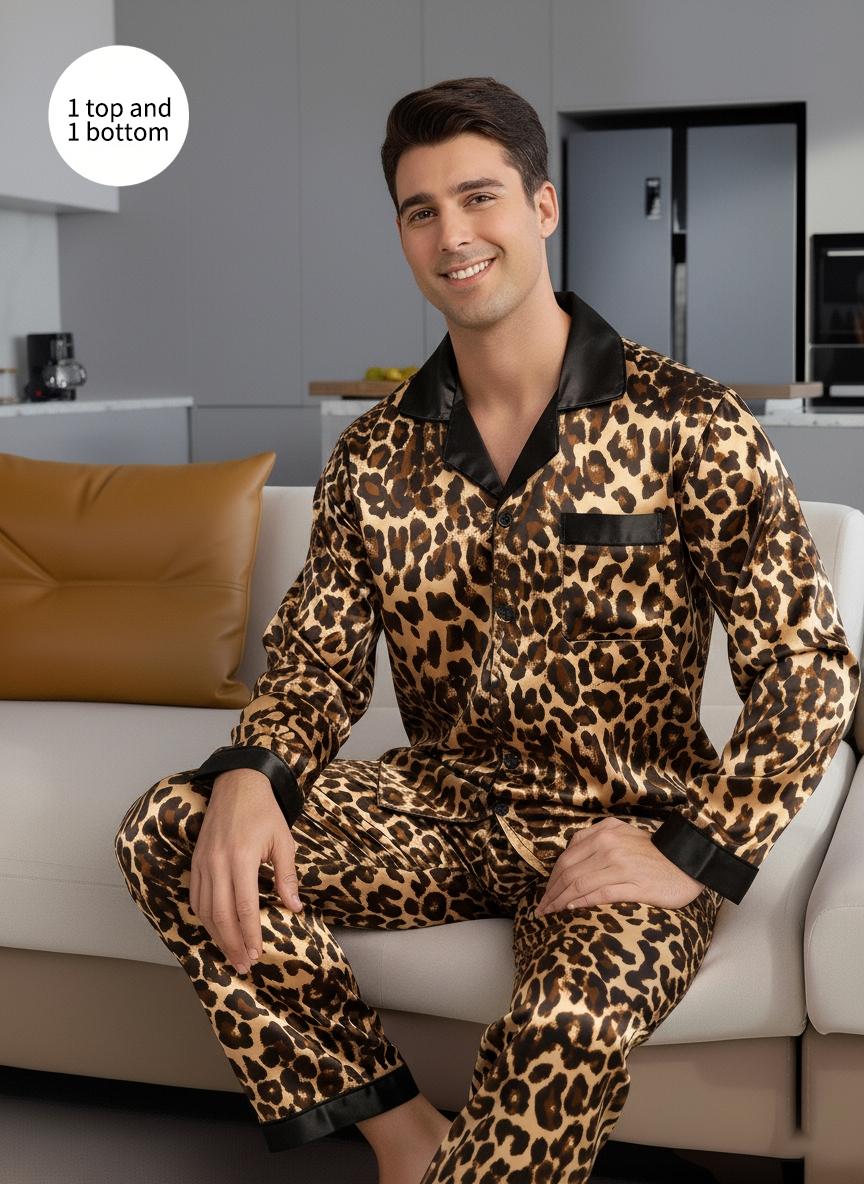 Couple Long Sleeve Spring Autumn Sleepwear, Comfortable Home Wear for Men and Women, Leopard Print Two-Piece Set, All Seasons