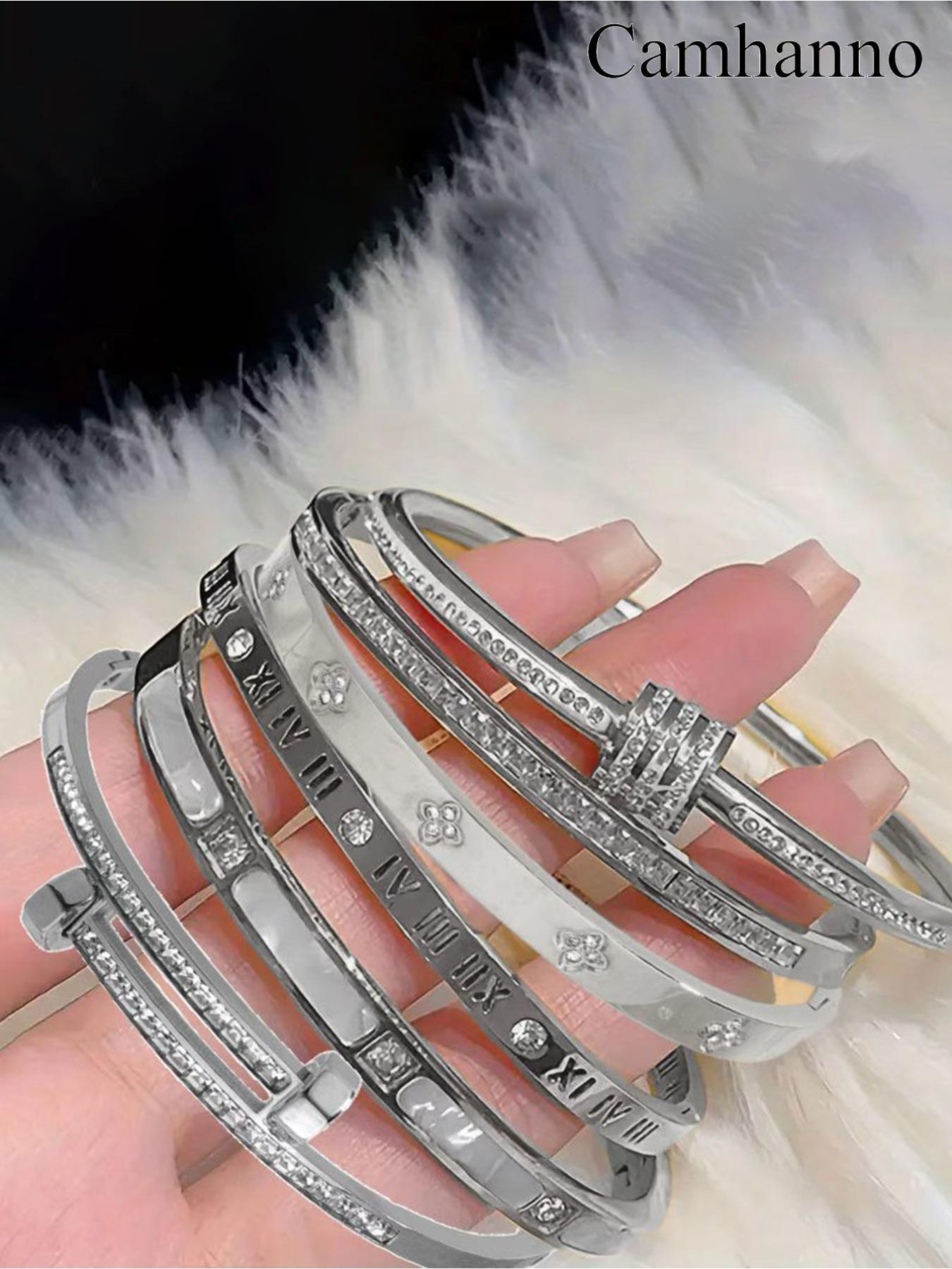6-piece classic French luxury bracelet set, made of 304 stainless steel material, a fashionable daily item, suitable for daily wear, perfect for gifting during holidays, and a perfect gift, Rhinestone Decorated Bangle, Trendy Stack Bangle
