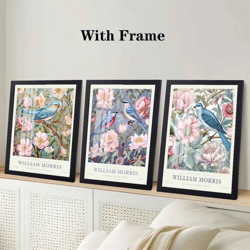 3 Pieces Optional Wooden Frame William Morris Floral Bird Wall Poster Canvas Painting Floral Wall Art Plant Retro Print Living Room Home Decor Color Accurate Reproduction Hanging Painting Clear Texture Canvas Print