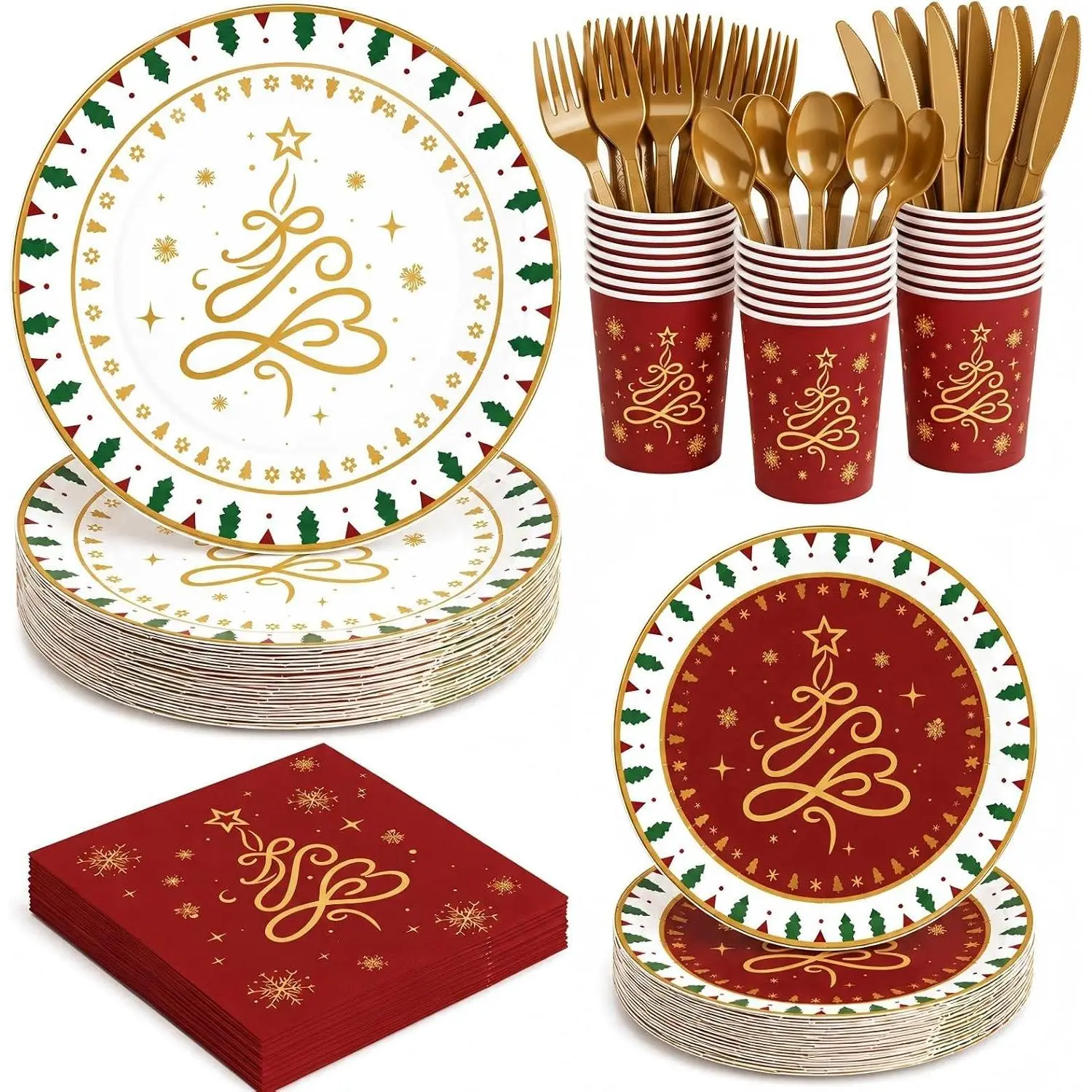 168 count Christmas Party Supplies Tableware Set, Disposable Xmas Dinnerware Set Serves 24 Guests, Christmas Tree Snowflake Paper Plates Cups Napkins  Forks Spoons for Holiday Decorations