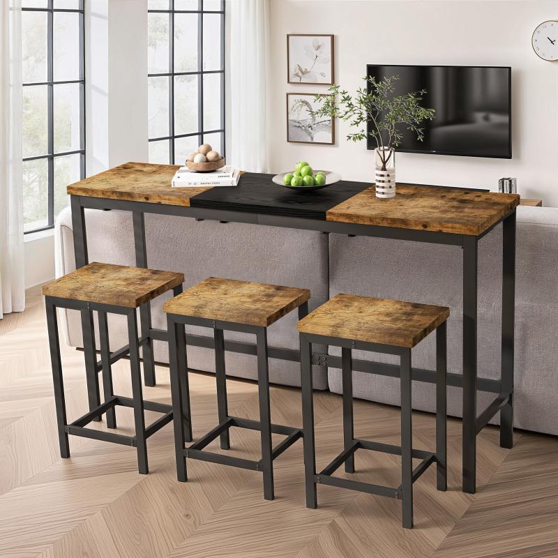 4 Piece Counter Height Dining Table Set with 3 Stools, Extra Long Dining Pub Kitchen Table Set for 3, Bar Side-Table with Footrest with 3 Stools 4 Piece Counter Height Dining Table Set with 3 Stools, Extra Long Dining Pub Kitchen Table Set for 3, Bar Side-Table with Footrest with 3 Stools