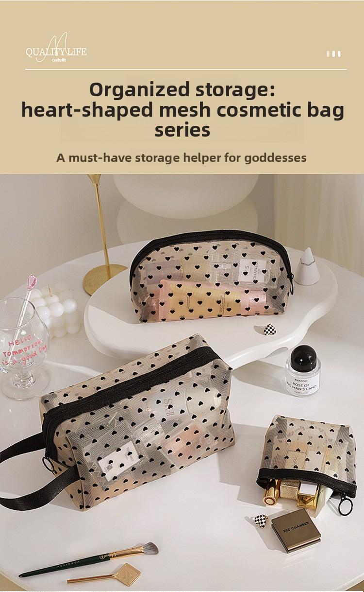 Mesh Makeup Bag Set, Heart Print Cosmetic Bag, Portable Travel Toiletry Bag for Women, Cute Makeup Organizer Pouch
