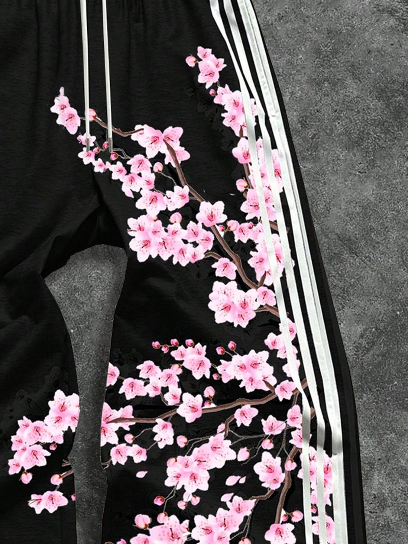 Men's American High Street Loose Wide Leg Pants, Side Stripe Cherry Blossom Digital Print Sweatpants, Drawstring Waist Casual Sports Long Pants