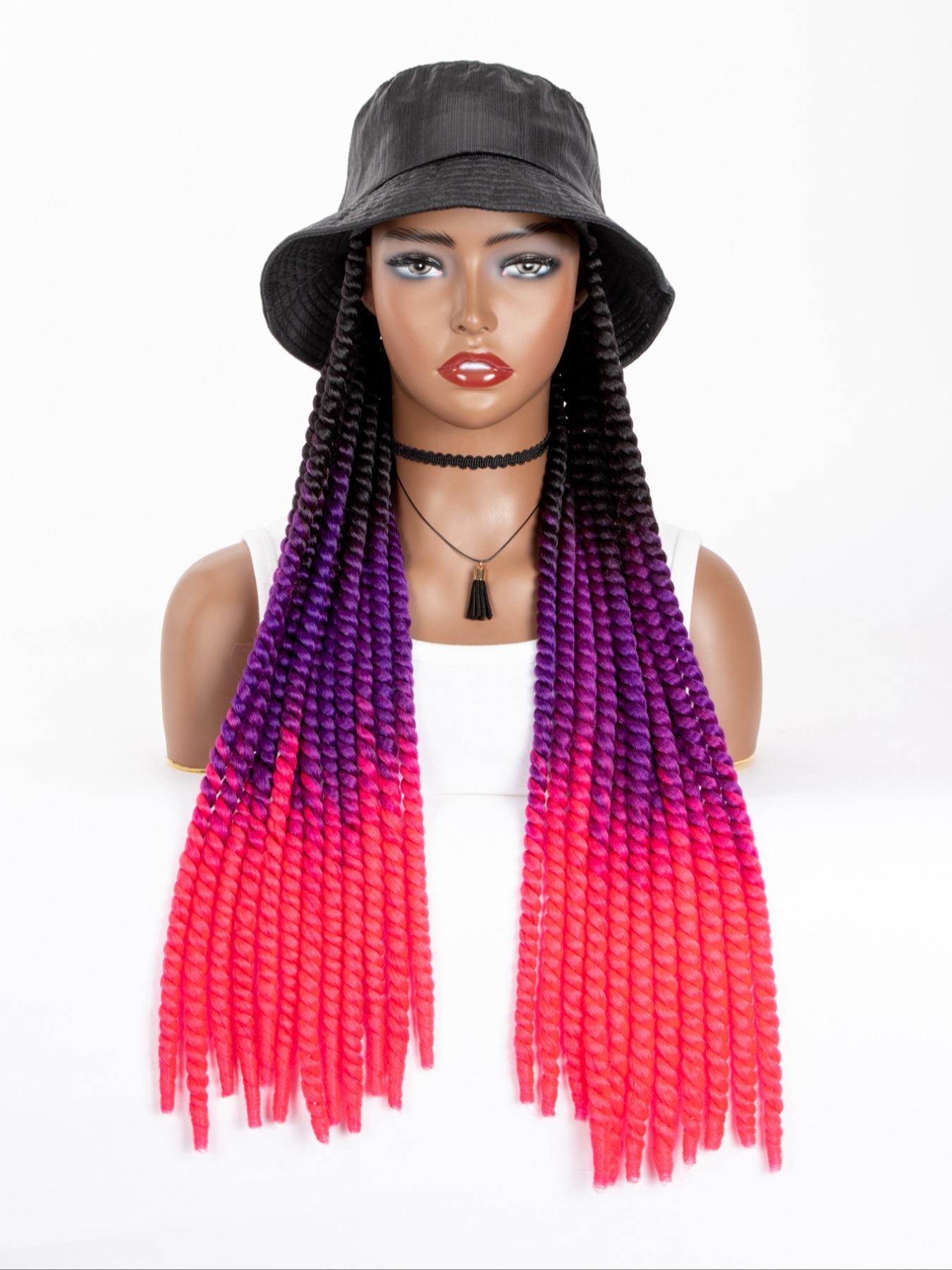 Long Ombre Black Burgundy Synthetic Havana Mambo Twist Braided Hair Extensions Cap Wig Spring Braiding With Bucket Hat