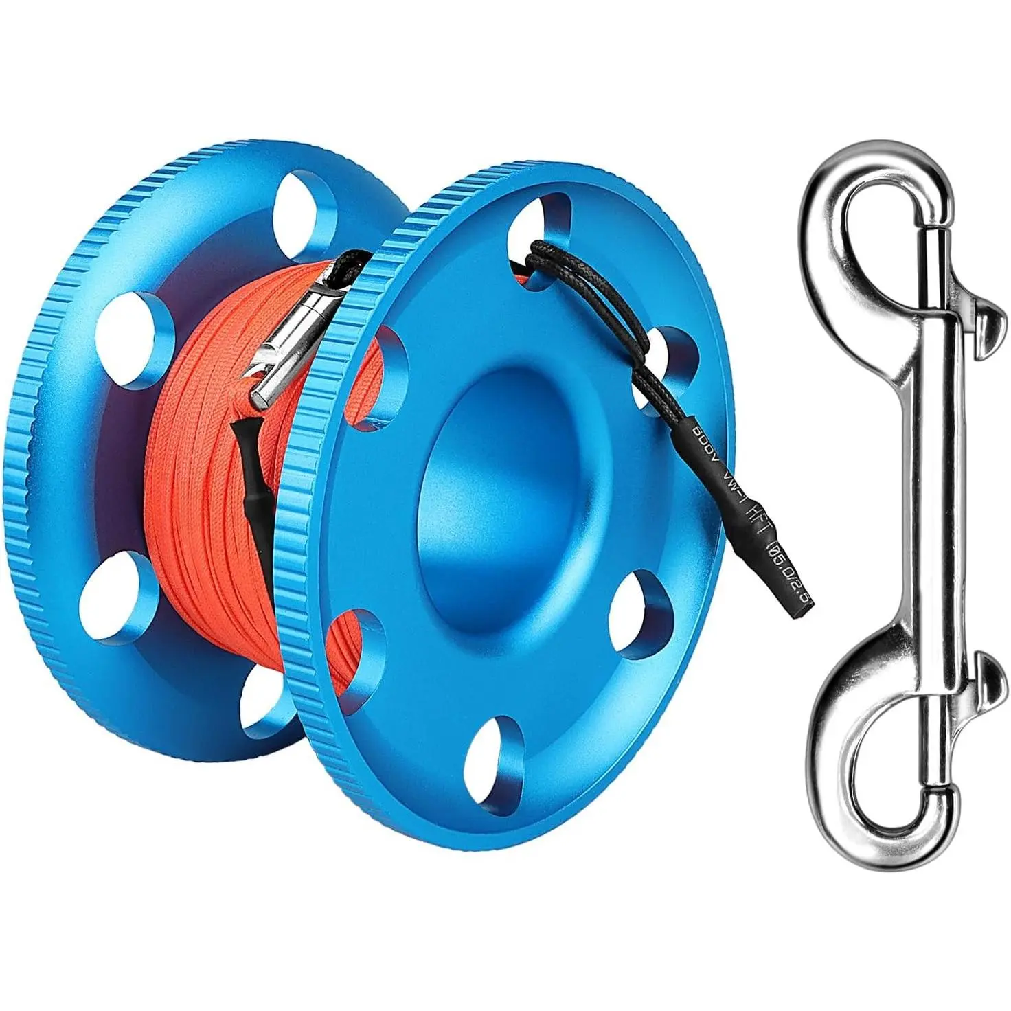 100FT Scuba Diving Reel with Bolt Snap, Aluminum Alloy Finger Spool with Braided Nylon Line, Big Dive Reel for Scuba Snorkeling Spearfishing Cave & Wreck Diving (Orange Line Blue Reel)